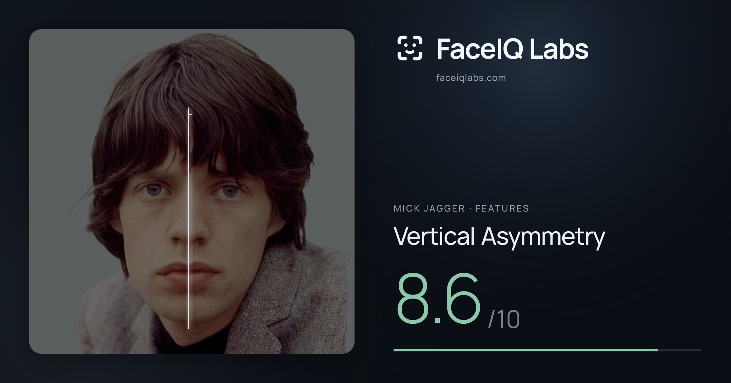 Mick Jagger Vertical Asymmetry: 8.6/10, drawn on the photo