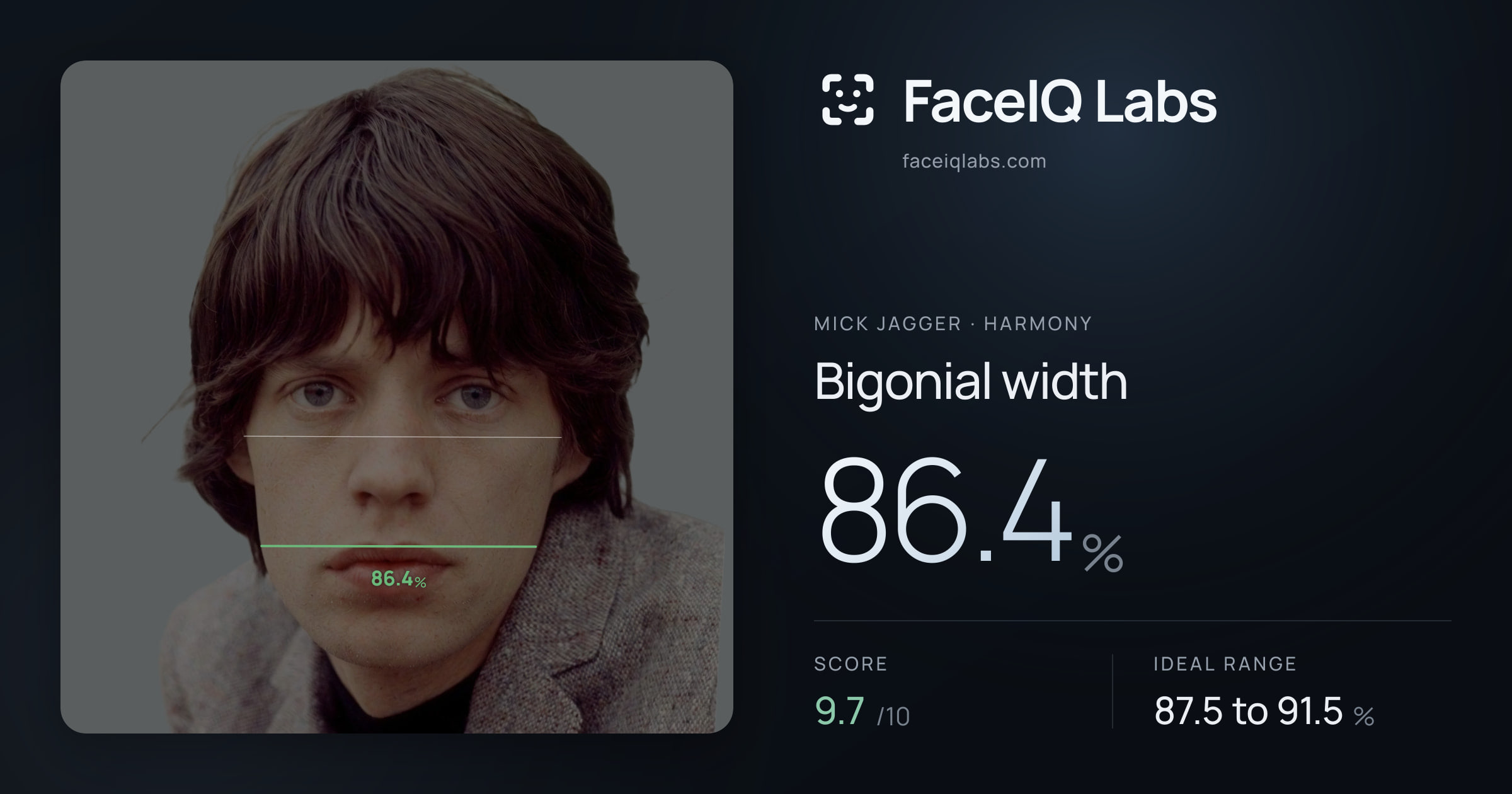 Mick Jagger Bigonial width: 86.4%, drawn on the photo