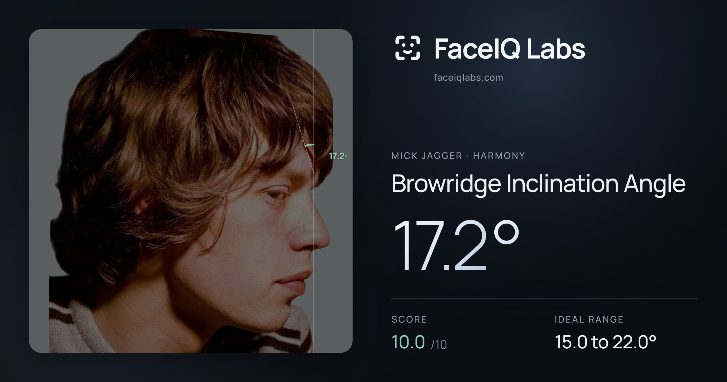 Mick Jagger Browridge Inclination Angle: 17.2°, drawn on the photo