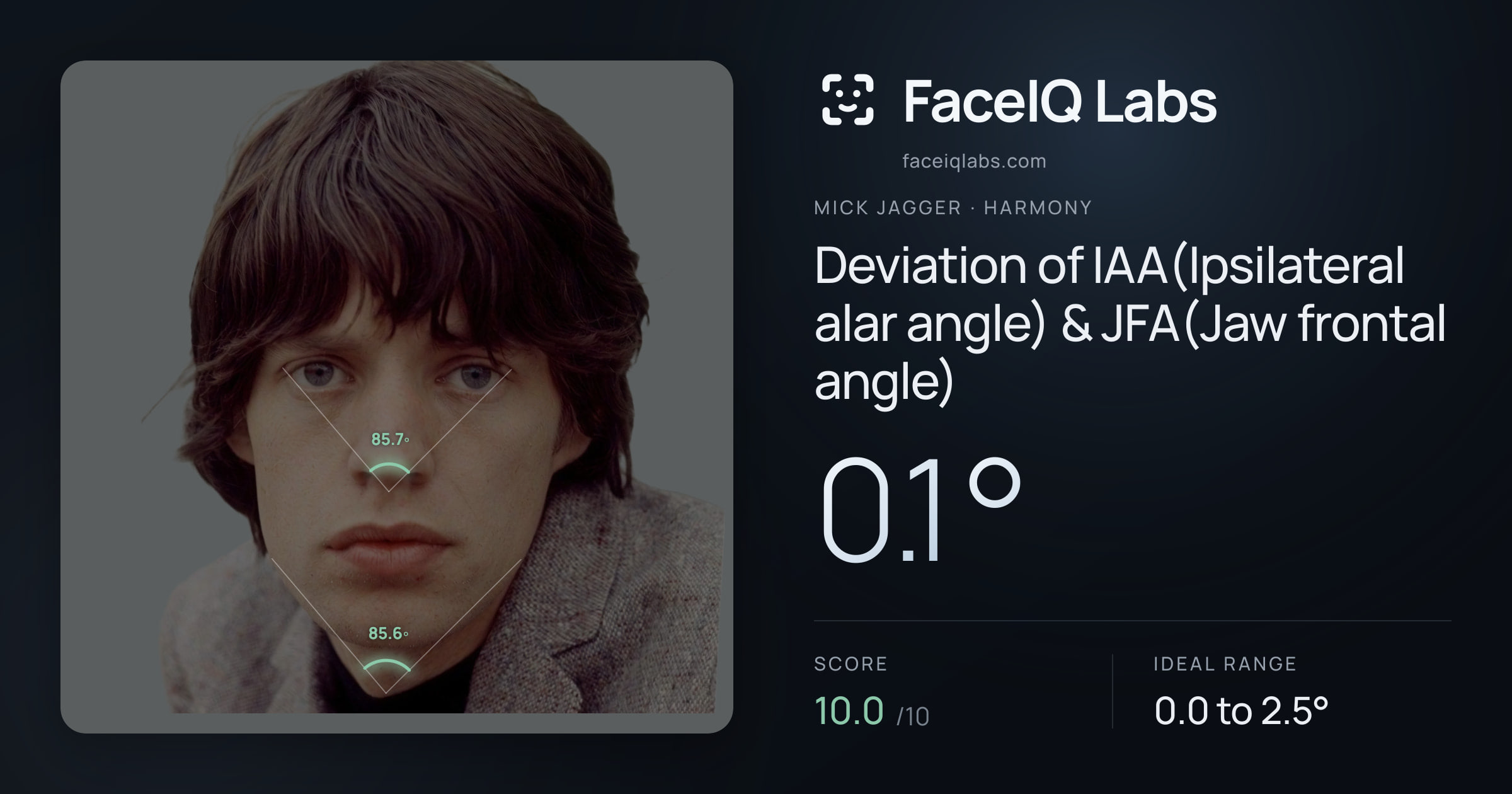 Mick Jagger Deviation of IAA(Ipsilateral alar angle) & JFA(Jaw frontal angle): 0.1°, drawn on the photo