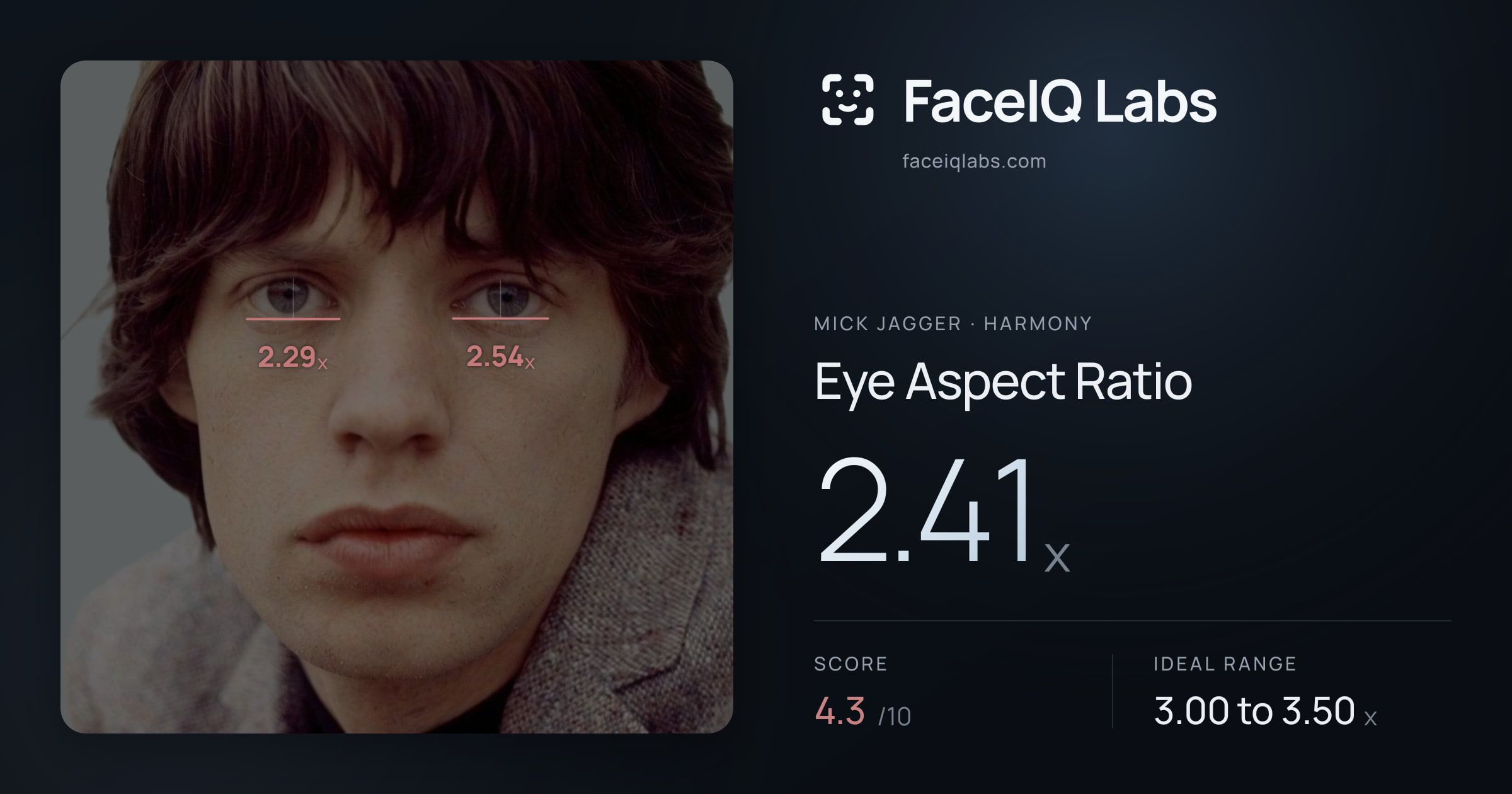 Mick Jagger Eye Aspect Ratio: 2.41x, drawn on the photo