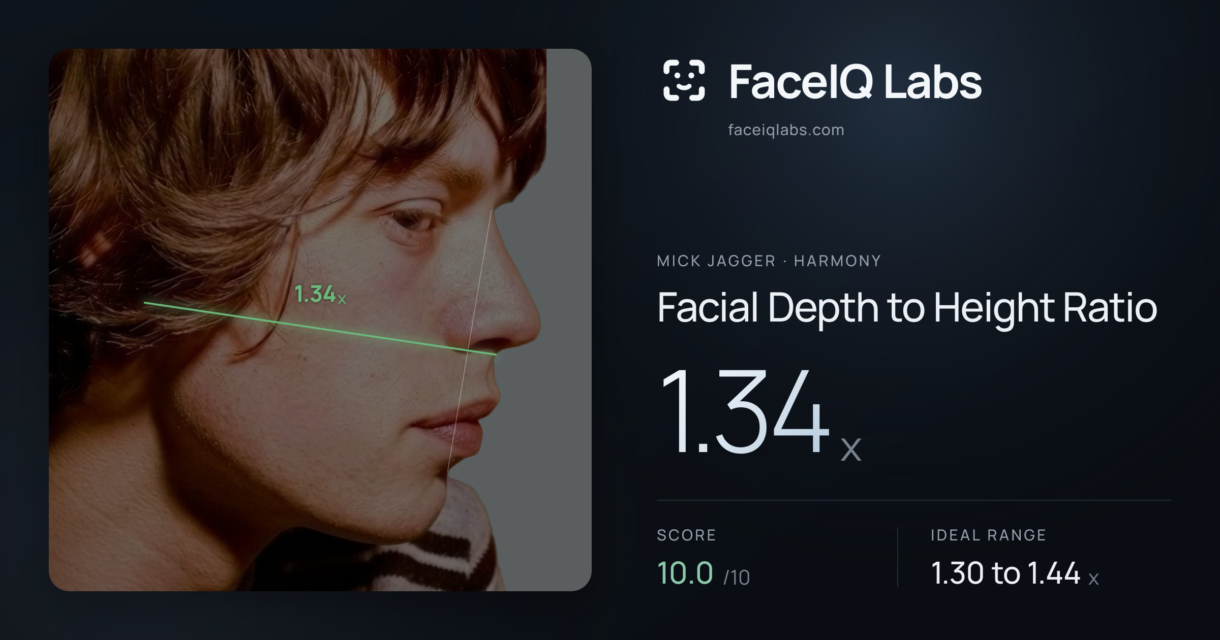 Mick Jagger Facial Depth to Height Ratio: 1.34x, drawn on the photo