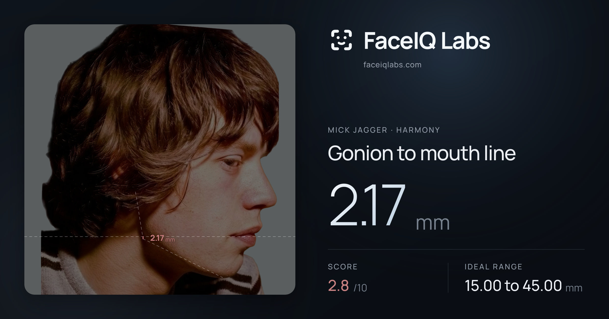 Mick Jagger Gonion to mouth line: 2.17mm, drawn on the photo