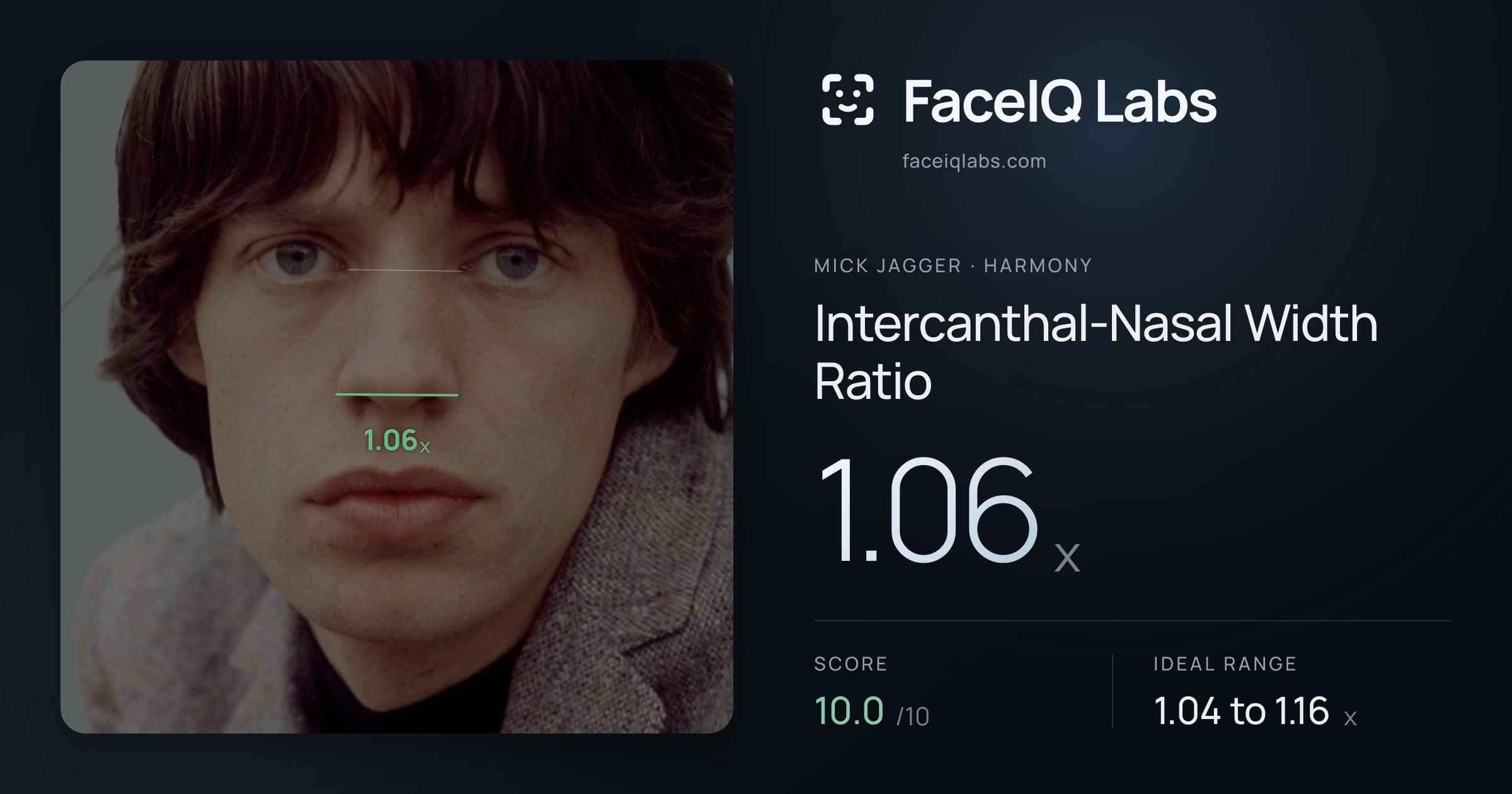 Mick Jagger Intercanthal-Nasal Width Ratio: 1.06x, drawn on the photo