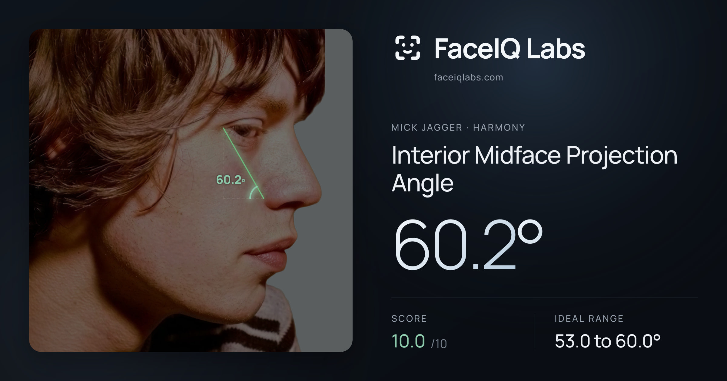 Mick Jagger Interior Midface Projection Angle: 60.2°, drawn on the photo