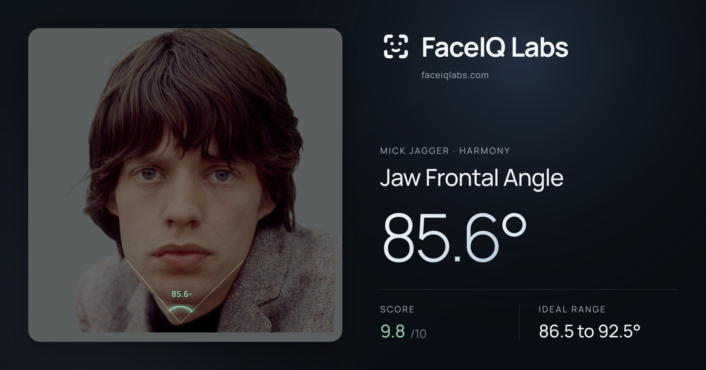 Mick Jagger Jaw Frontal Angle: 85.6°, drawn on the photo