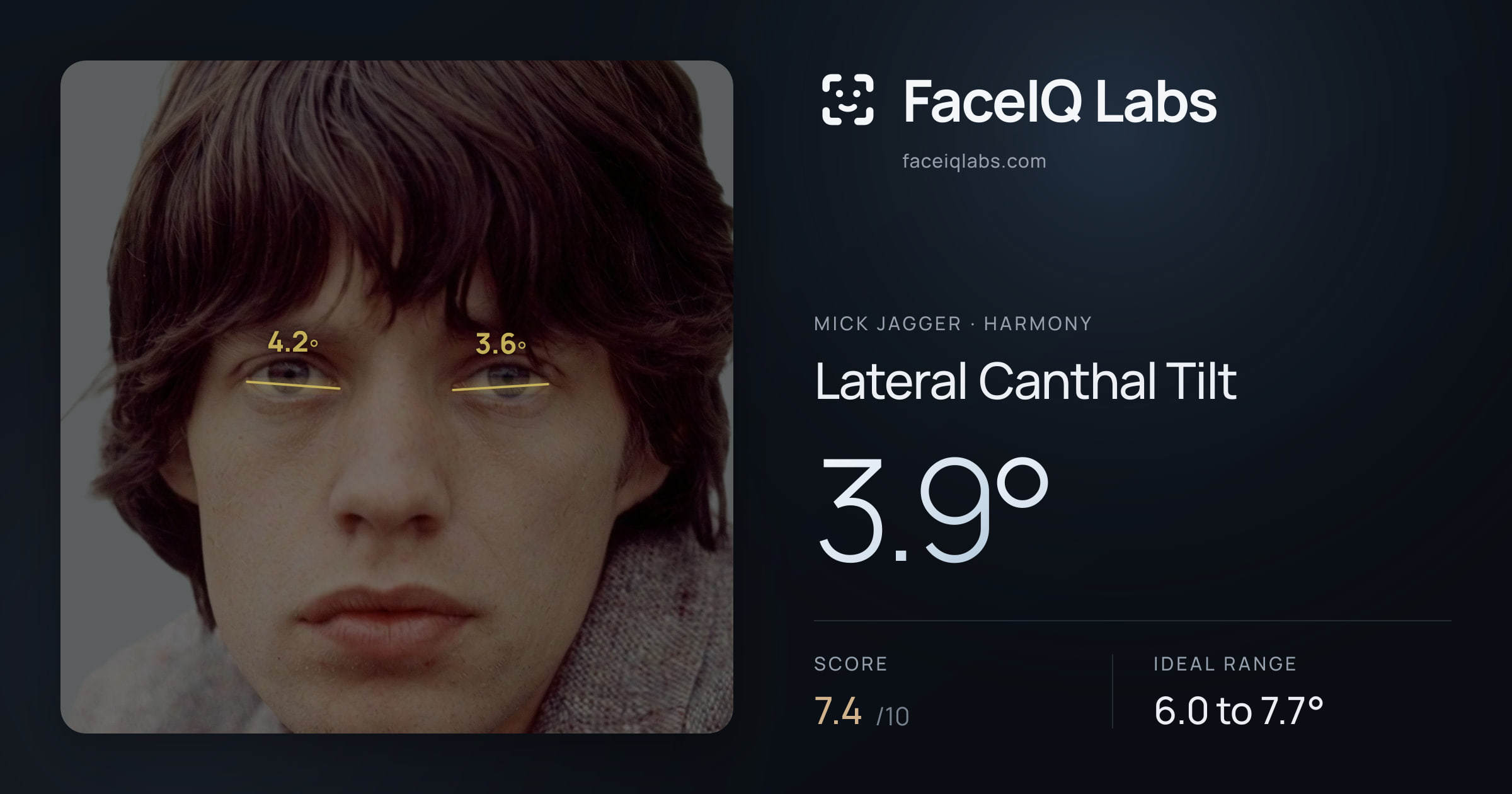 Mick Jagger Lateral Canthal Tilt: 3.9°, drawn on the photo