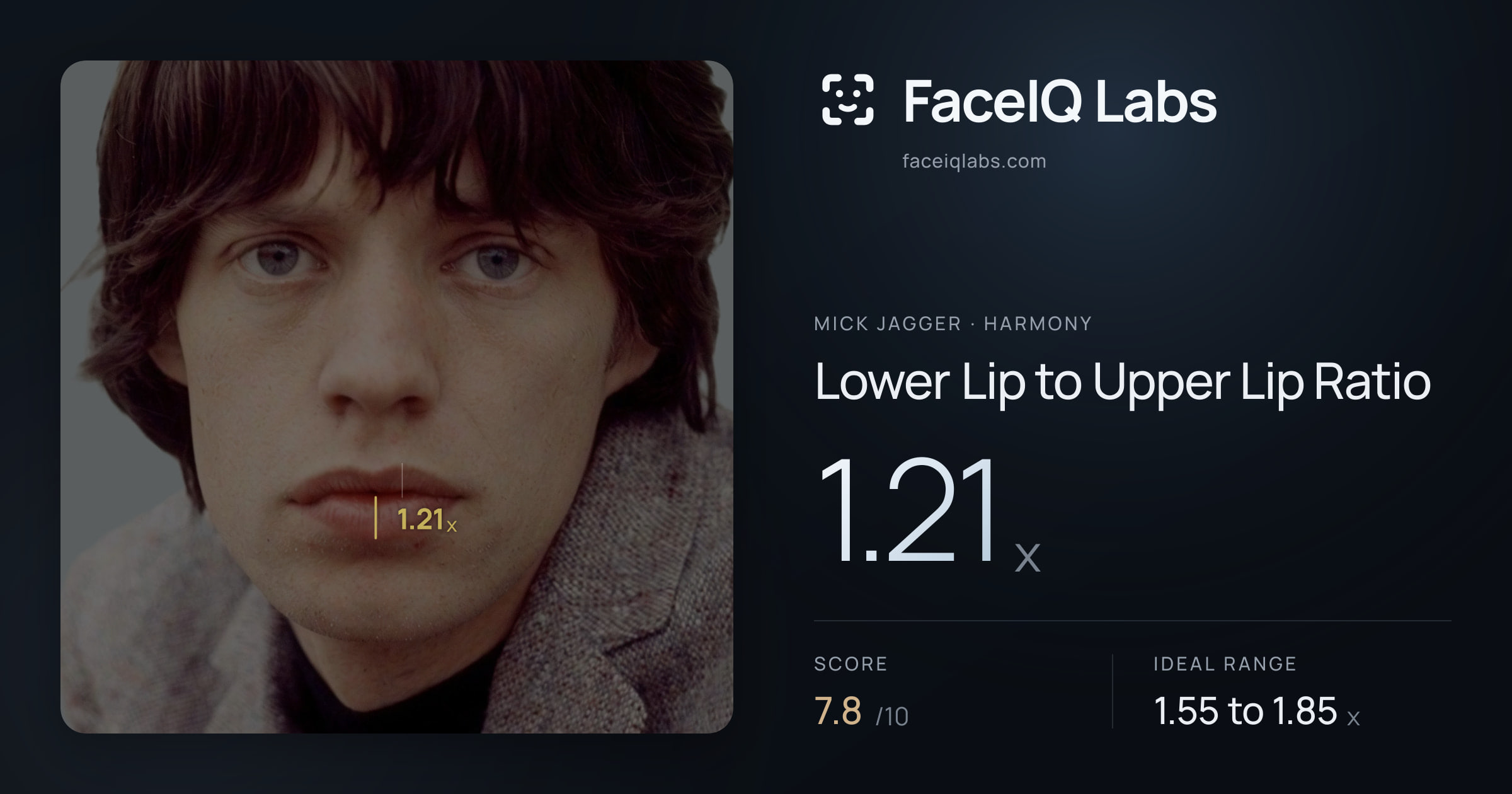 Mick Jagger Lower Lip to Upper Lip Ratio: 1.21x, drawn on the photo