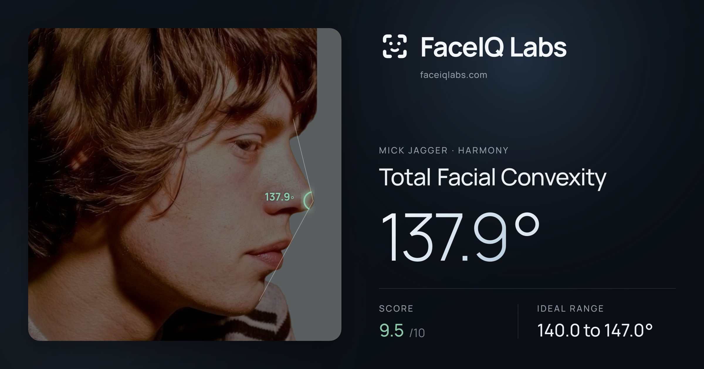 Mick Jagger Total Facial Convexity: 137.9°, drawn on the photo