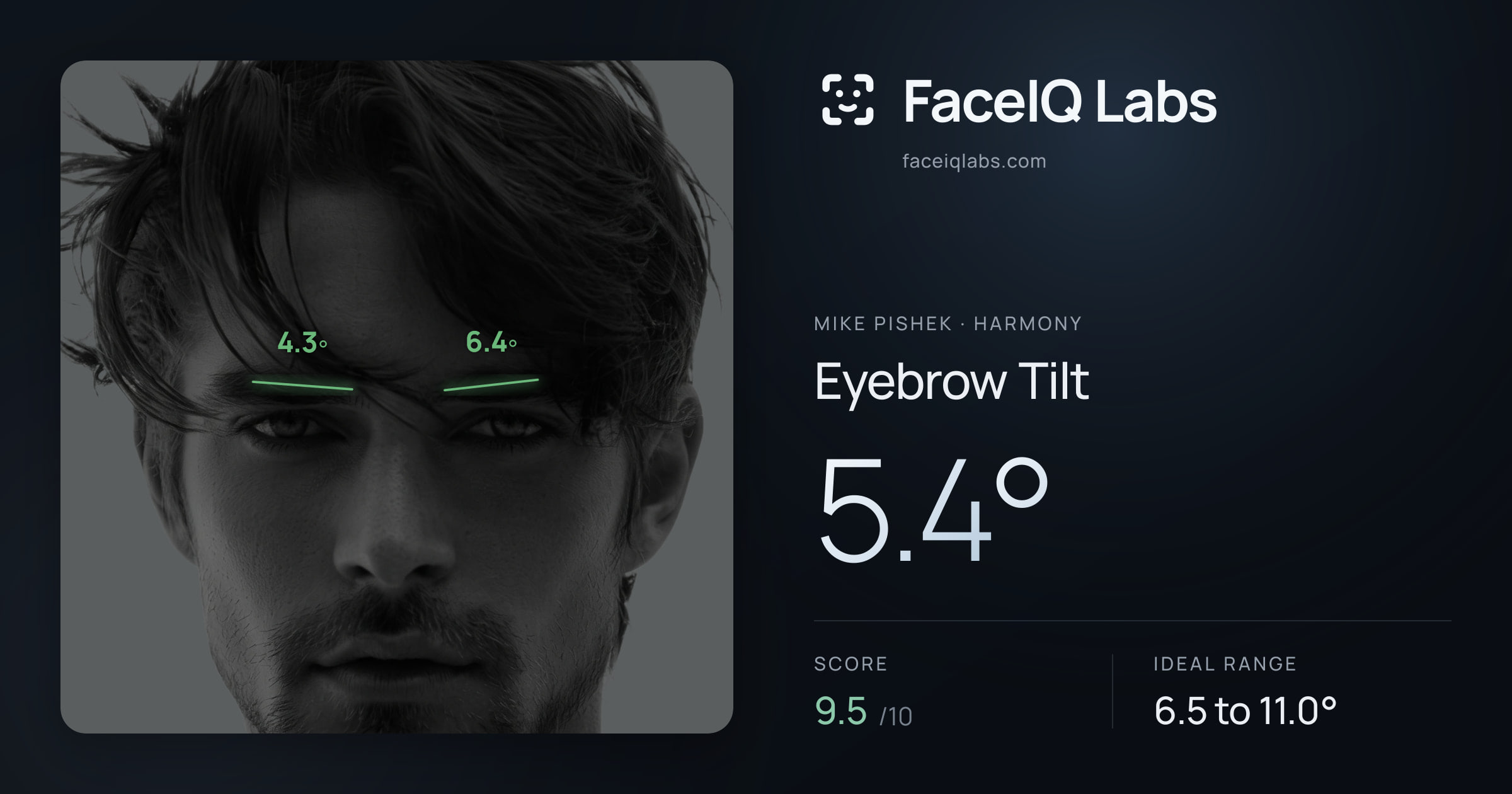 Mike Pishek Eyebrow Tilt: 5.4°, drawn on the photo