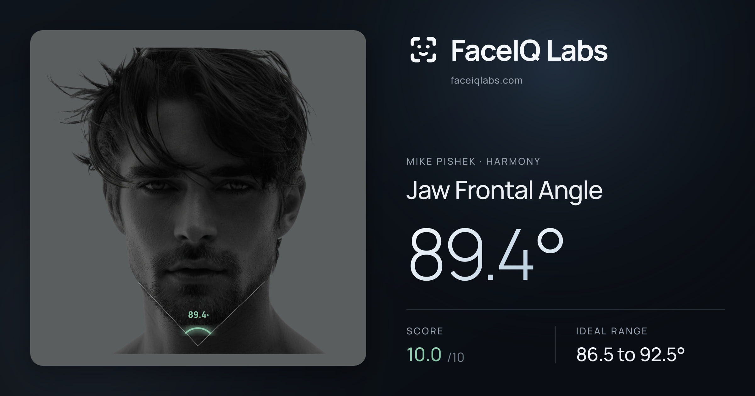 Mike Pishek Jaw Frontal Angle: 89.4°, drawn on the photo