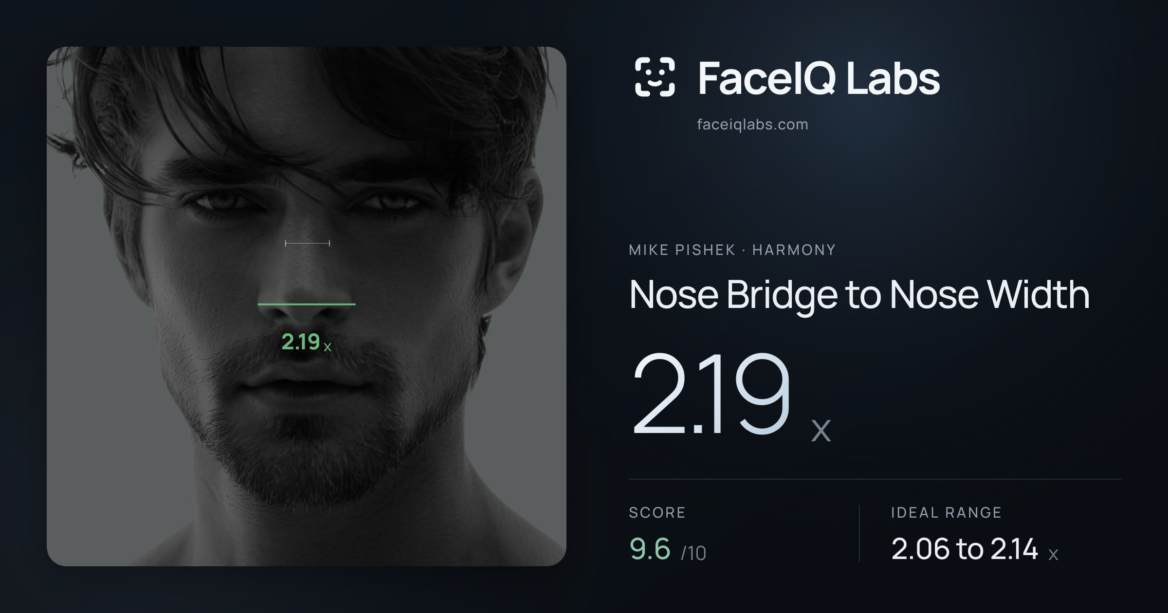 Mike Pishek Nose Bridge to Nose Width: 2.19x, drawn on the photo