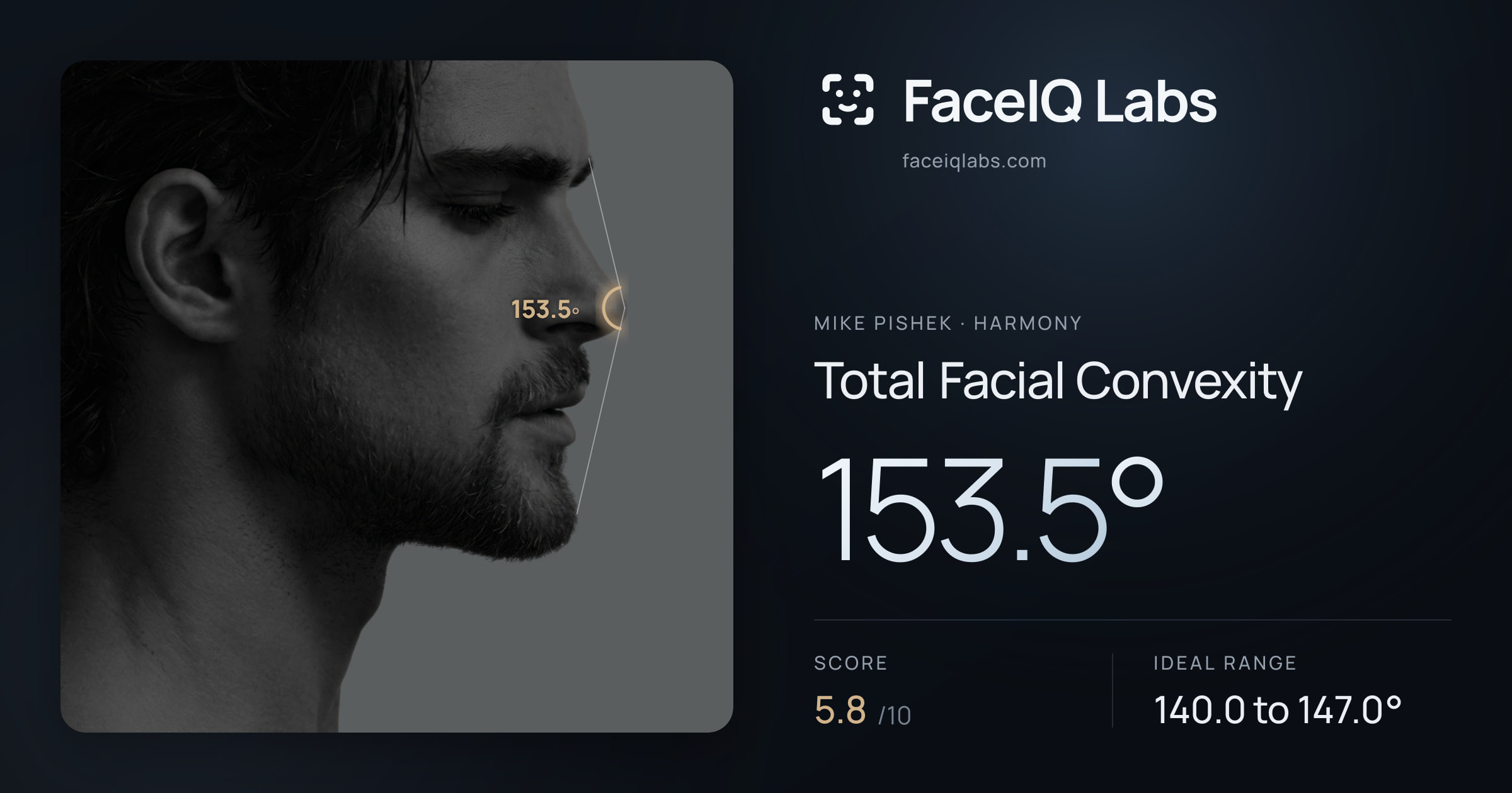 Mike Pishek Total Facial Convexity: 153.5°, drawn on the photo