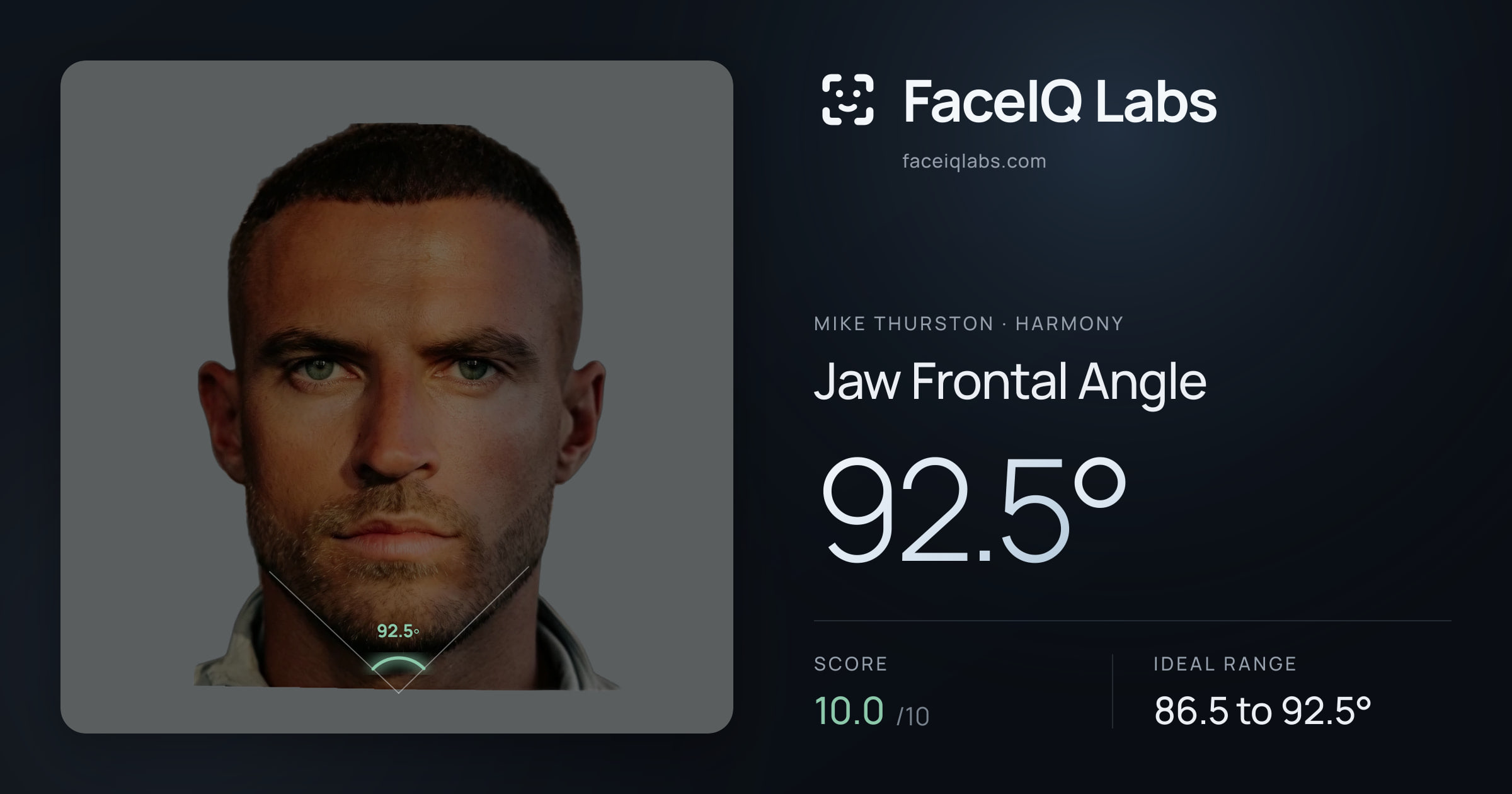 Mike Thurston Jaw Frontal Angle: 92.5°, drawn on the photo