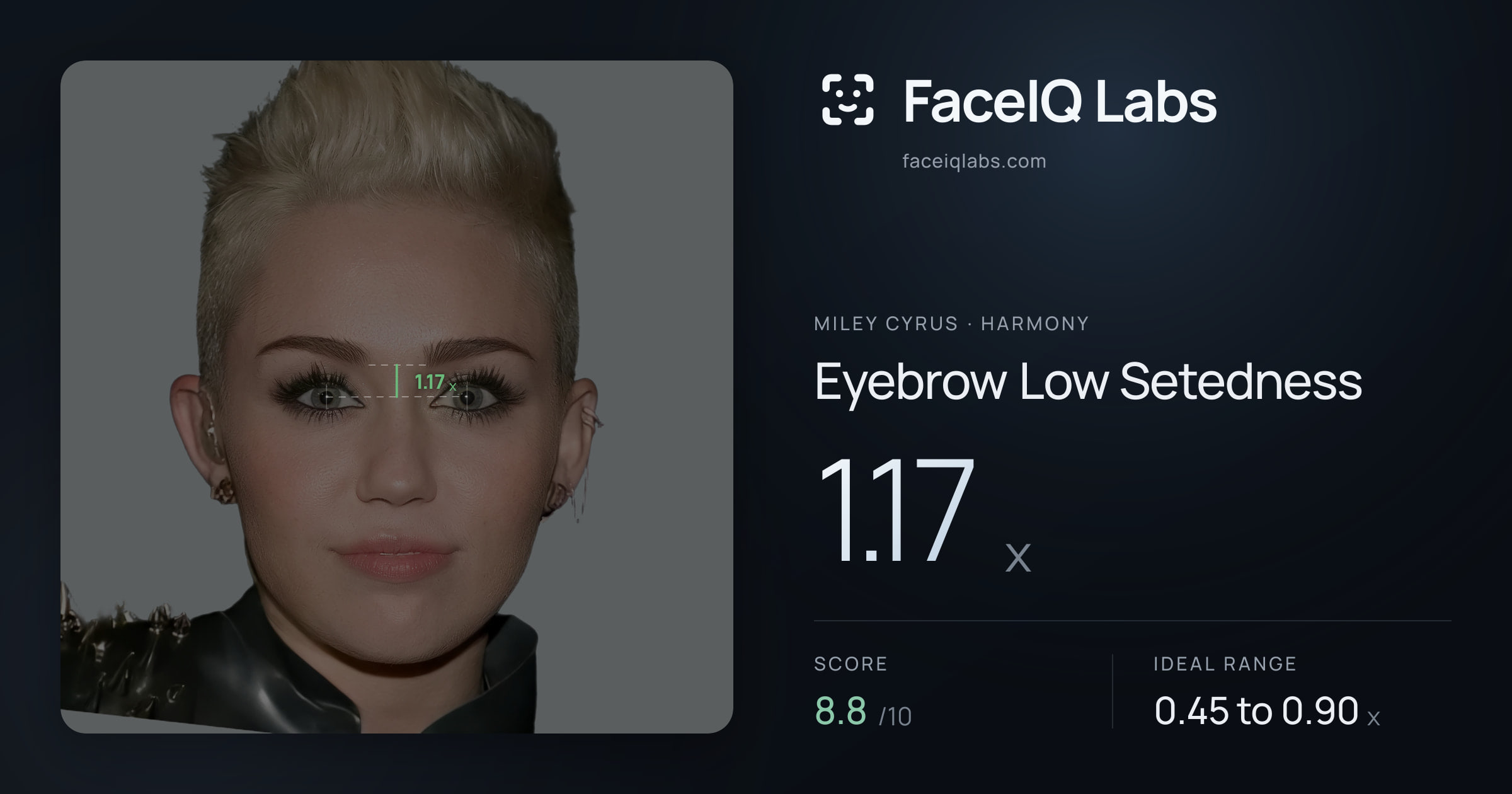 Miley Cyrus Eyebrow Low Setedness: 1.17x, drawn on the photo