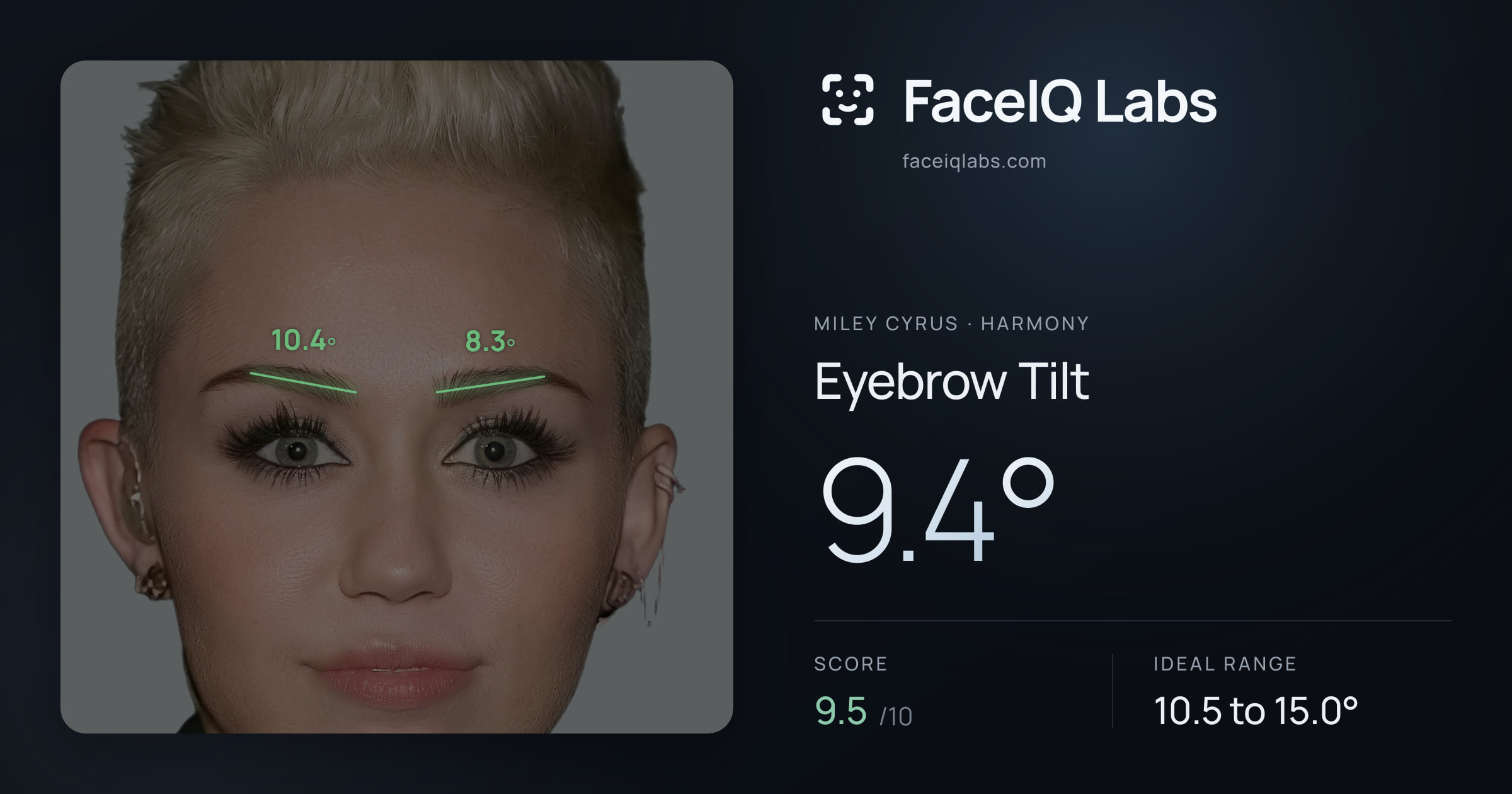 Miley Cyrus Eyebrow Tilt: 9.4°, drawn on the photo
