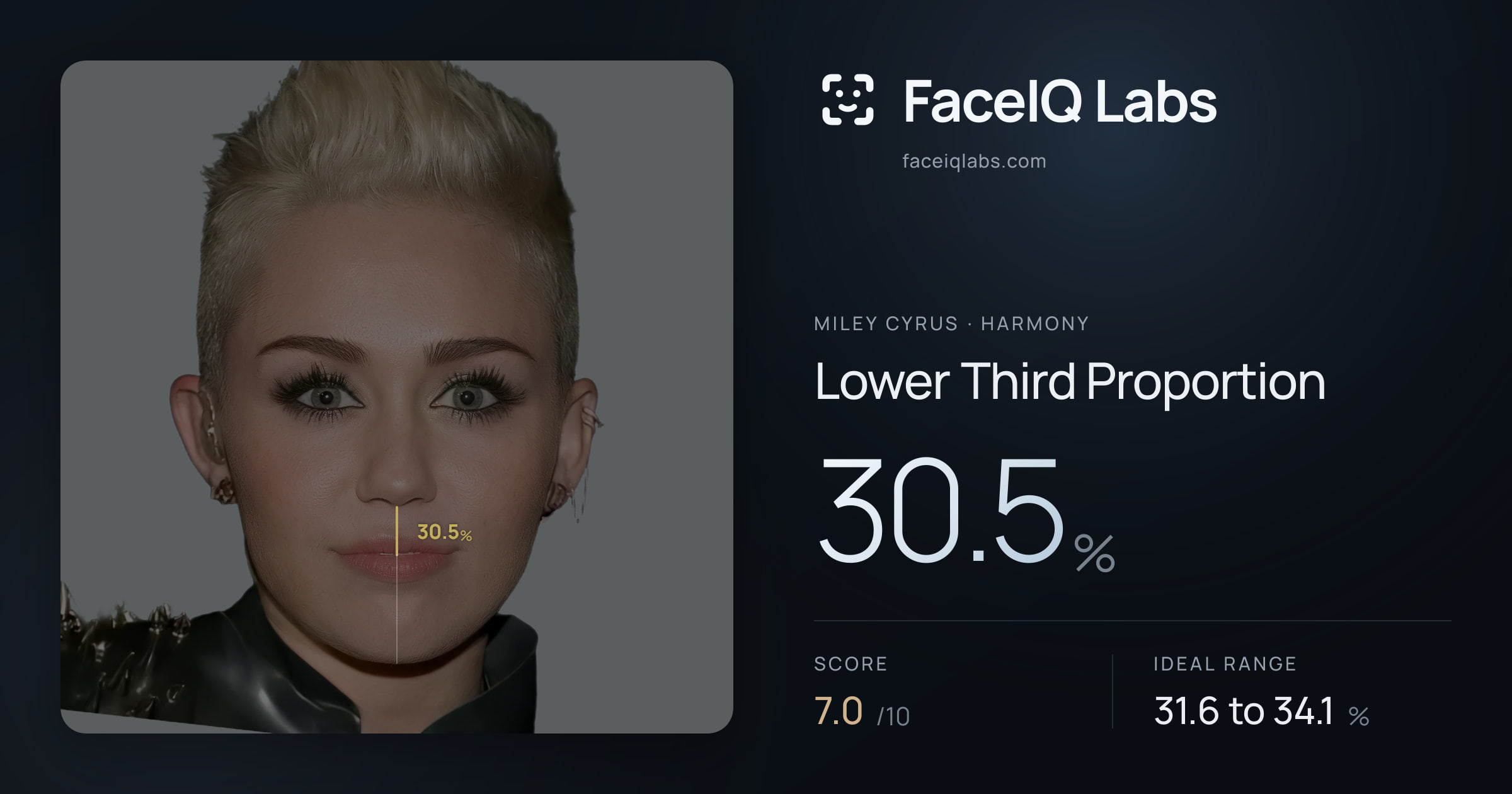 Miley Cyrus Lower Third Proportion: 30.5%, drawn on the photo