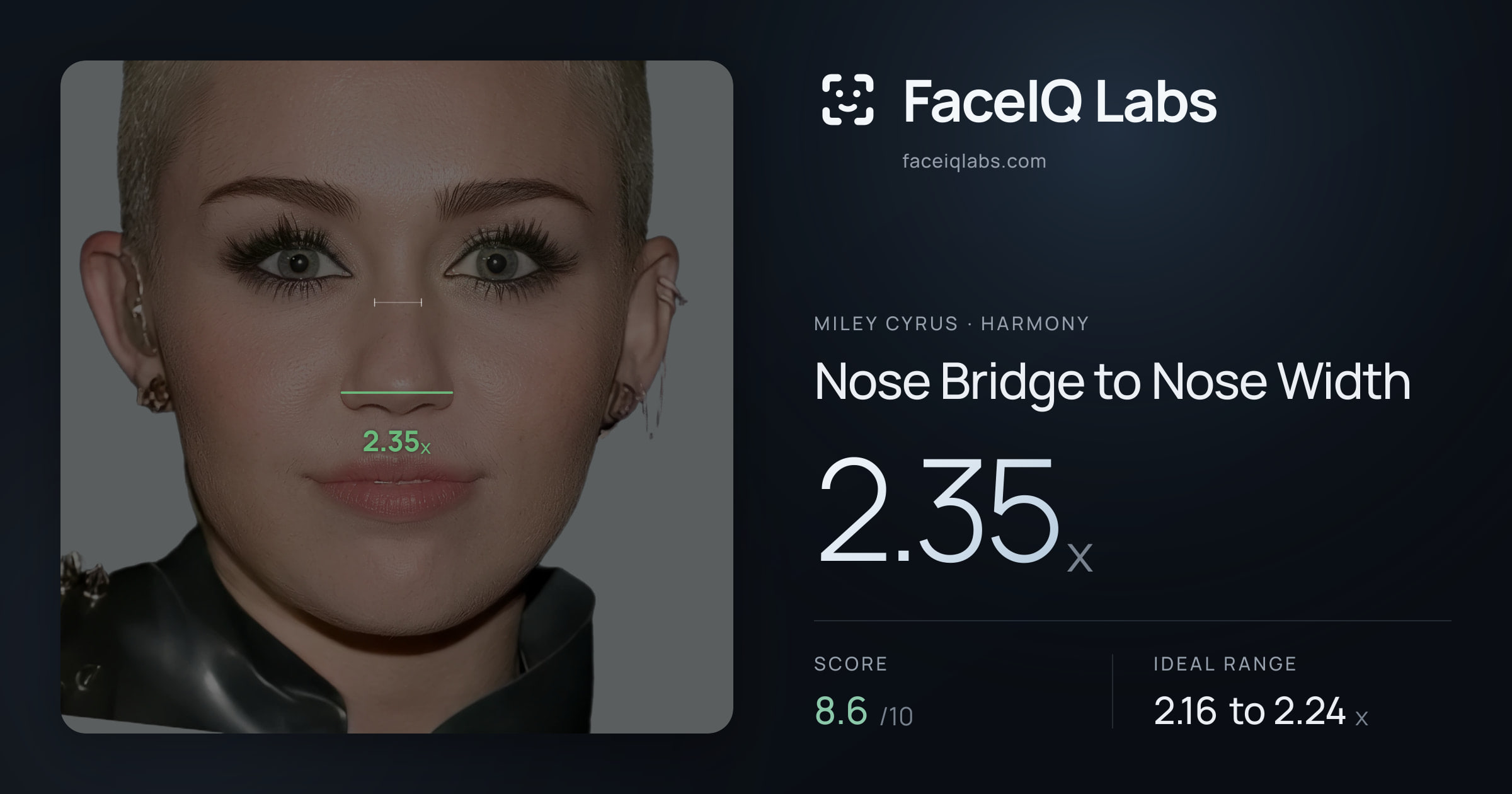 Miley Cyrus Nose Bridge to Nose Width: 2.35x, drawn on the photo
