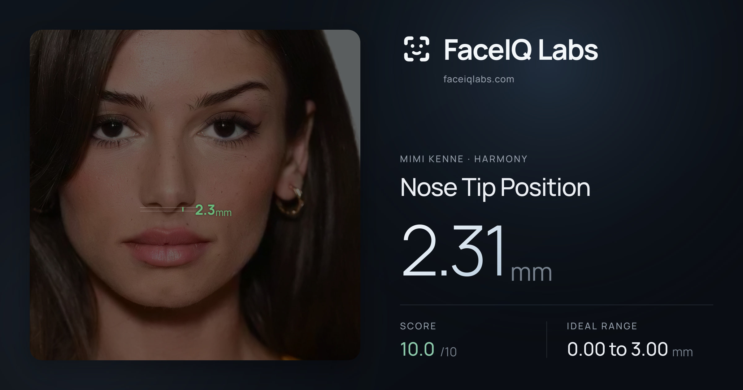 Mimi Kenne Nose Tip Position: 2.31mm, drawn on the photo