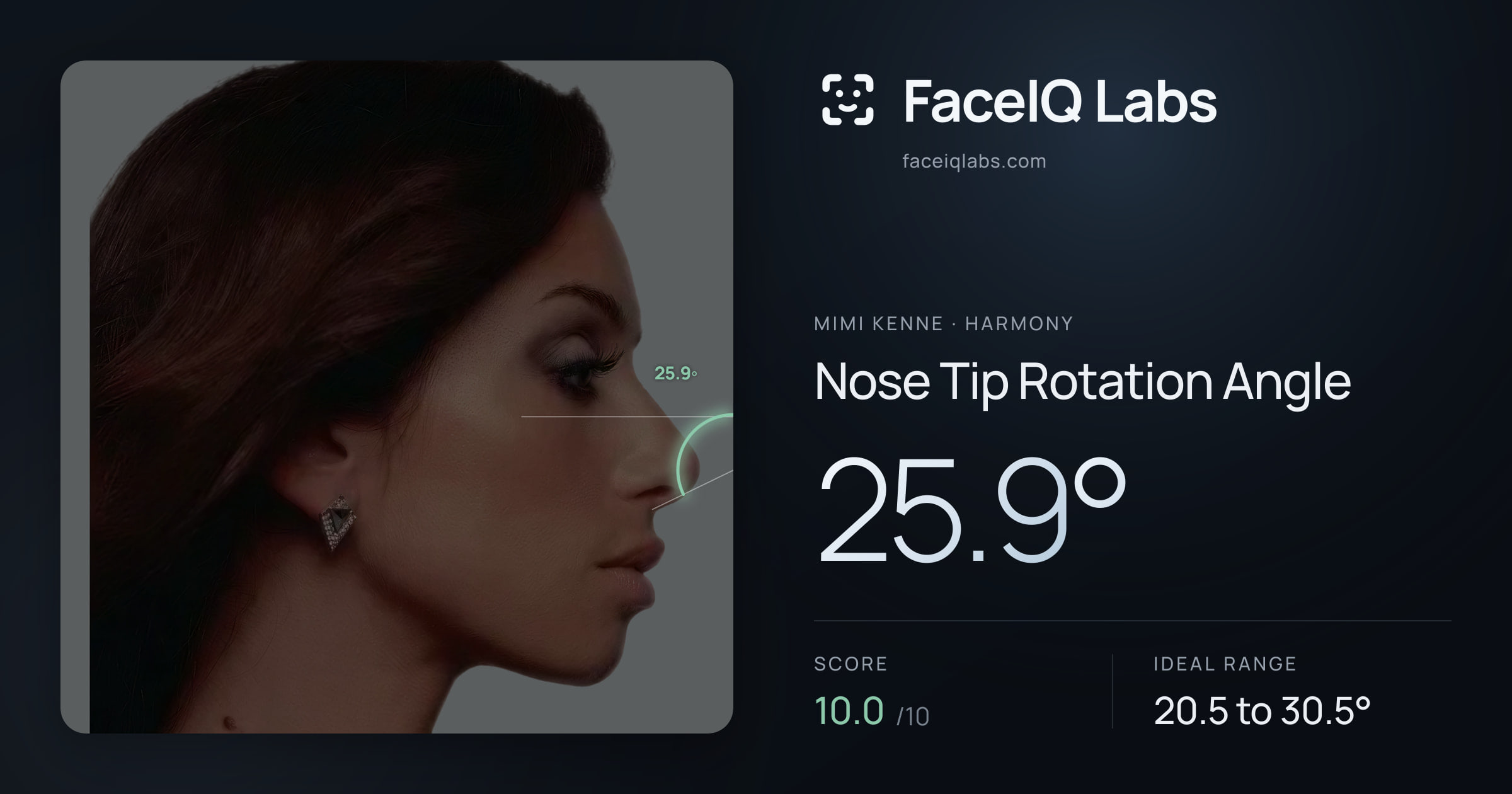 Mimi Kenne Nose Tip Rotation Angle: 25.9°, drawn on the photo