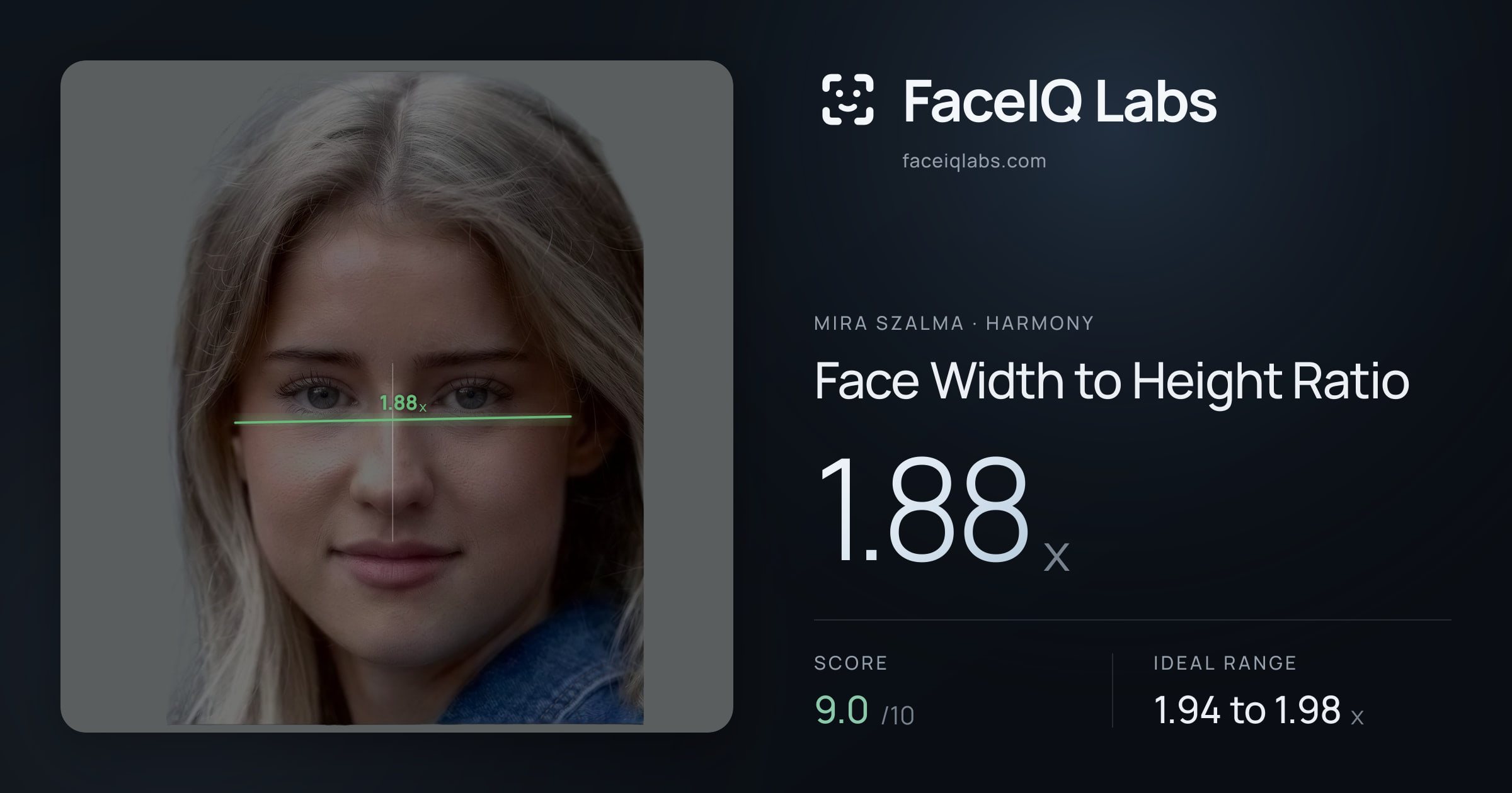 Mira Szalma Face Width to Height Ratio: 1.88x, drawn on the photo