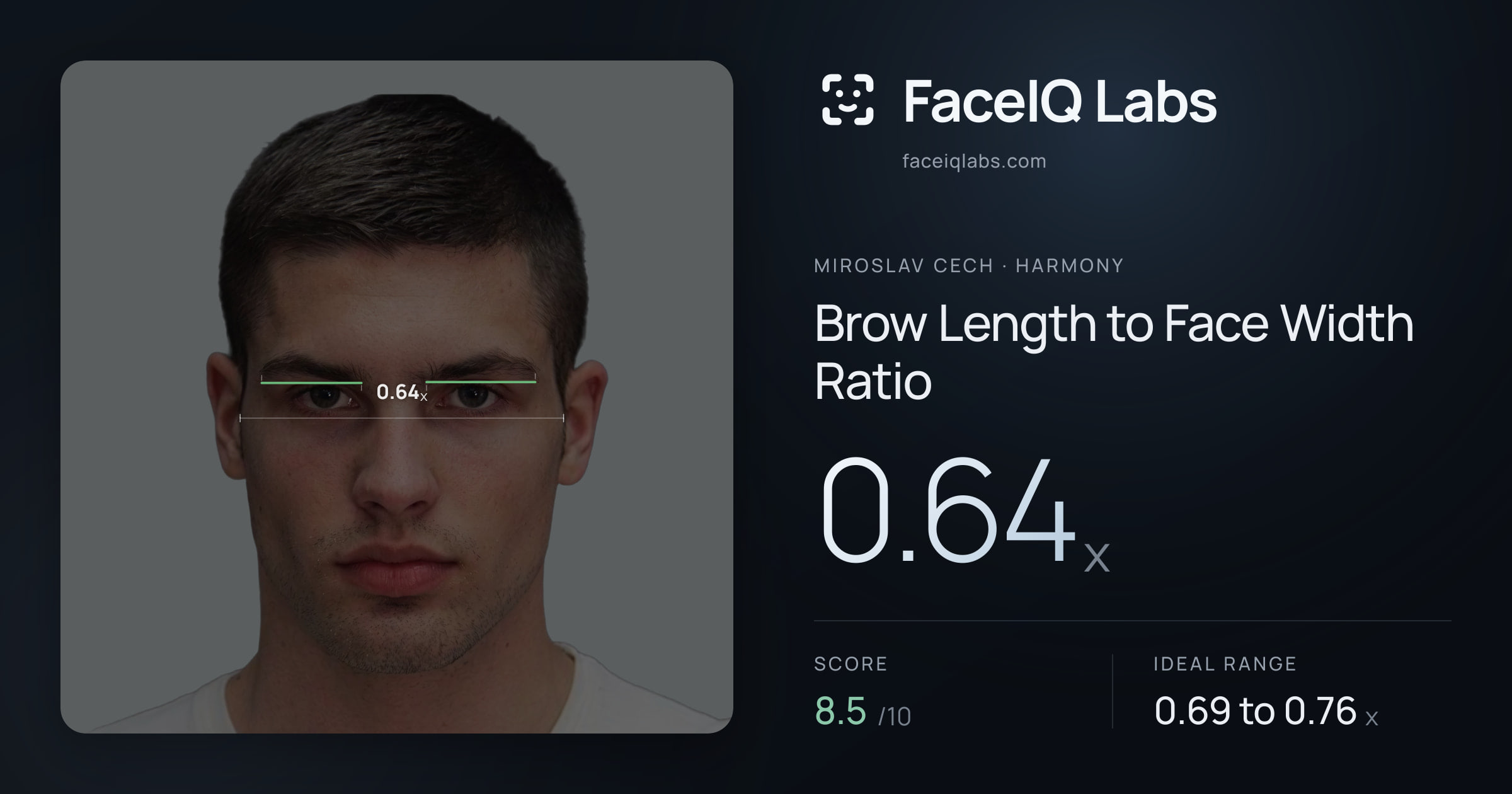 Miroslav Cech Brow Length to Face Width Ratio: 0.64x, drawn on the photo