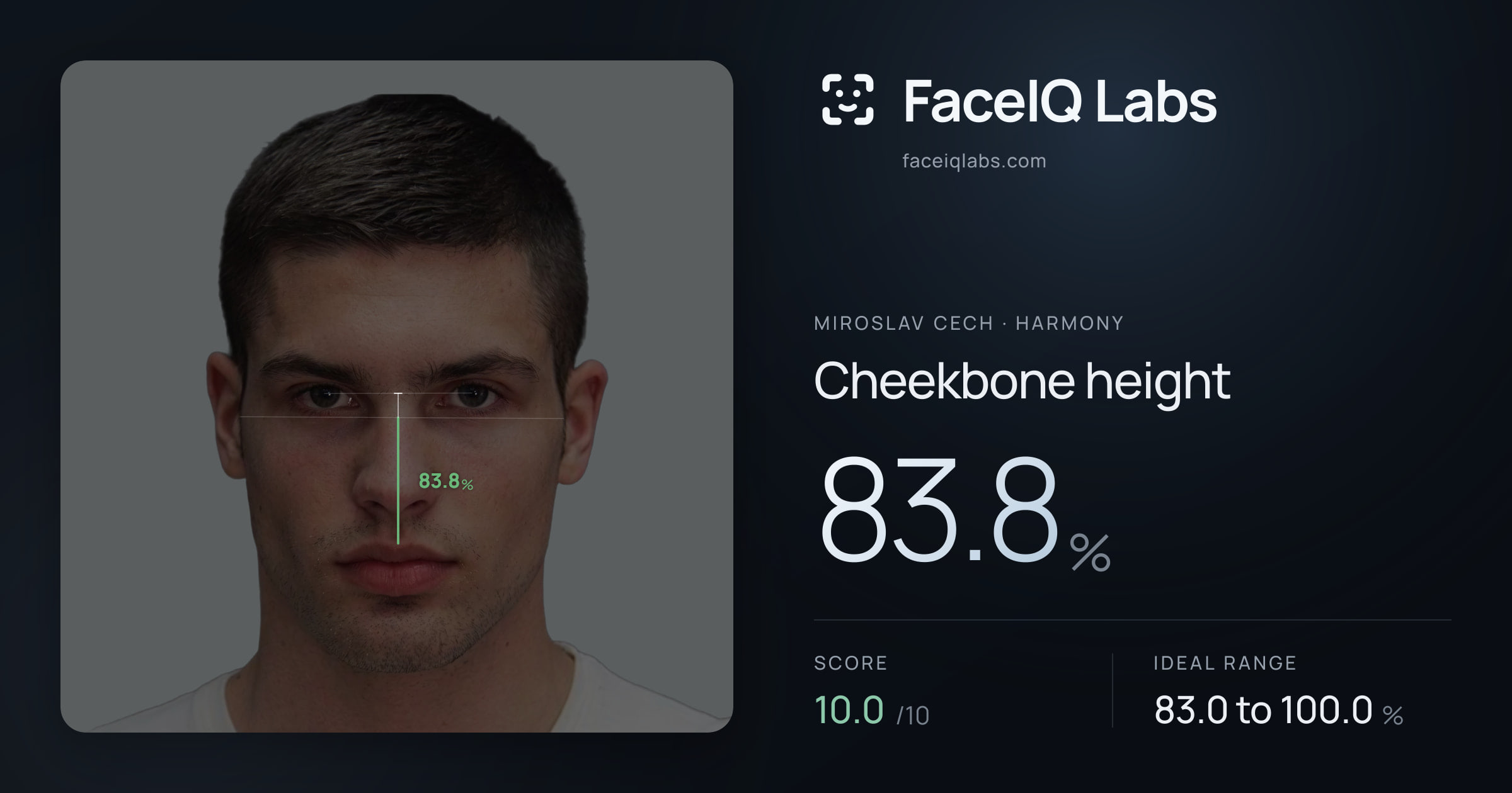 Miroslav Cech Cheekbone height: 83.8%, drawn on the photo