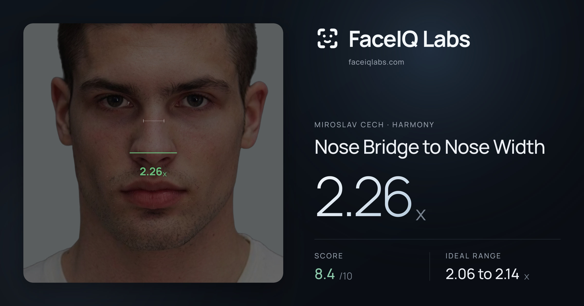 Miroslav Cech Nose Bridge to Nose Width: 2.26x, drawn on the photo