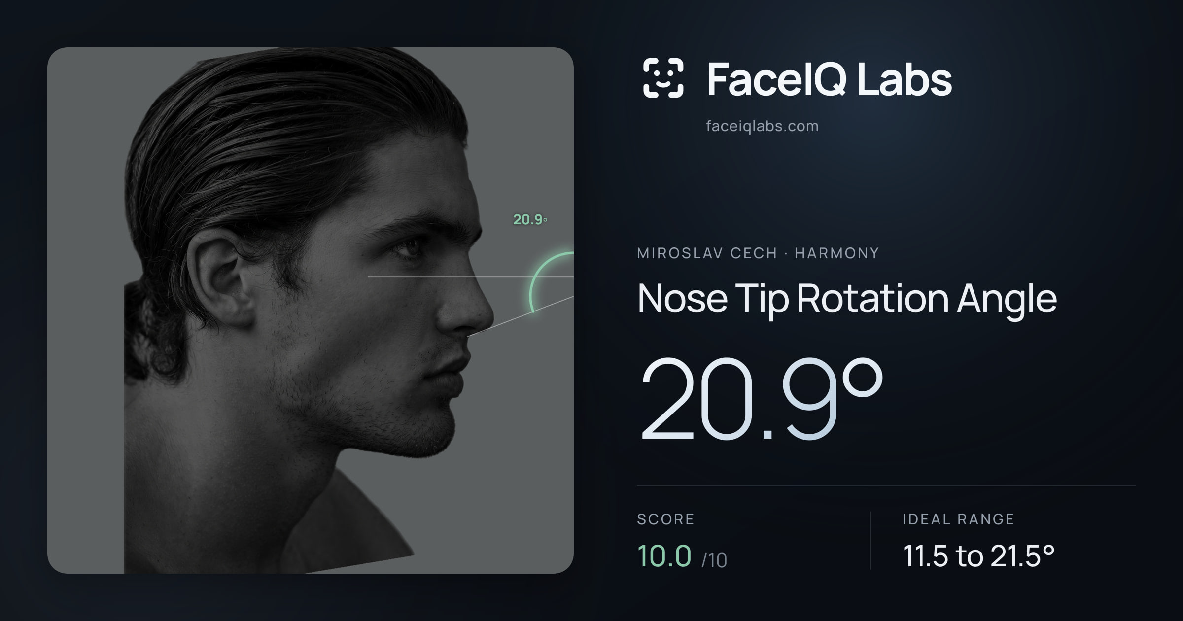 Miroslav Cech Nose Tip Rotation Angle: 20.9°, drawn on the photo