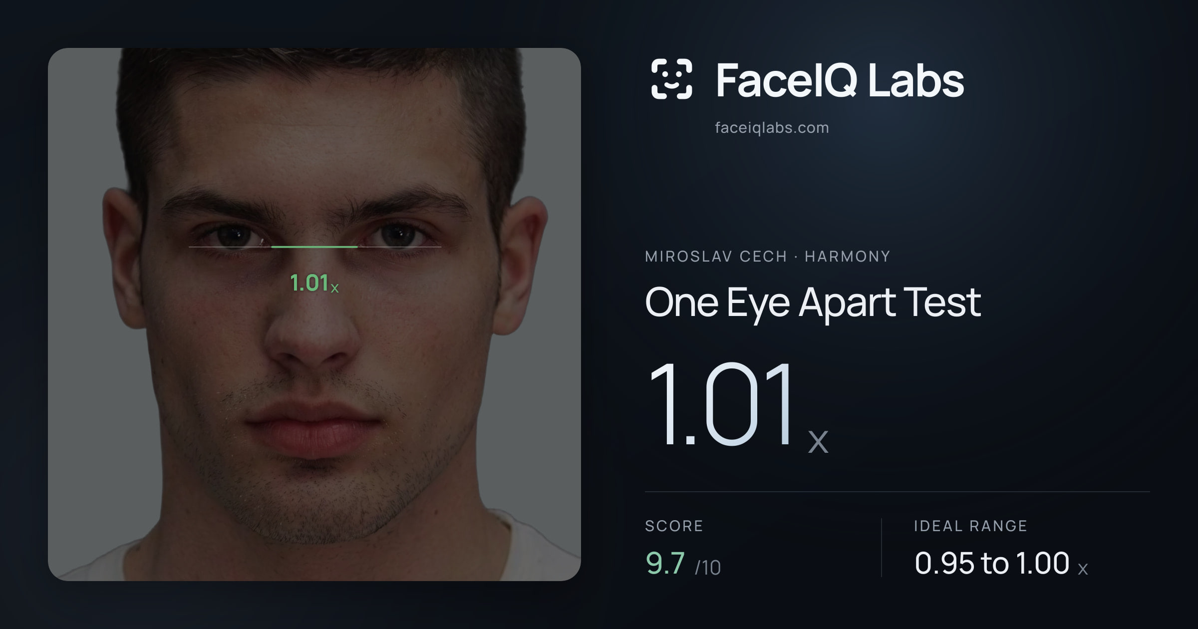 Miroslav Cech One Eye Apart Test: 1.01x, drawn on the photo