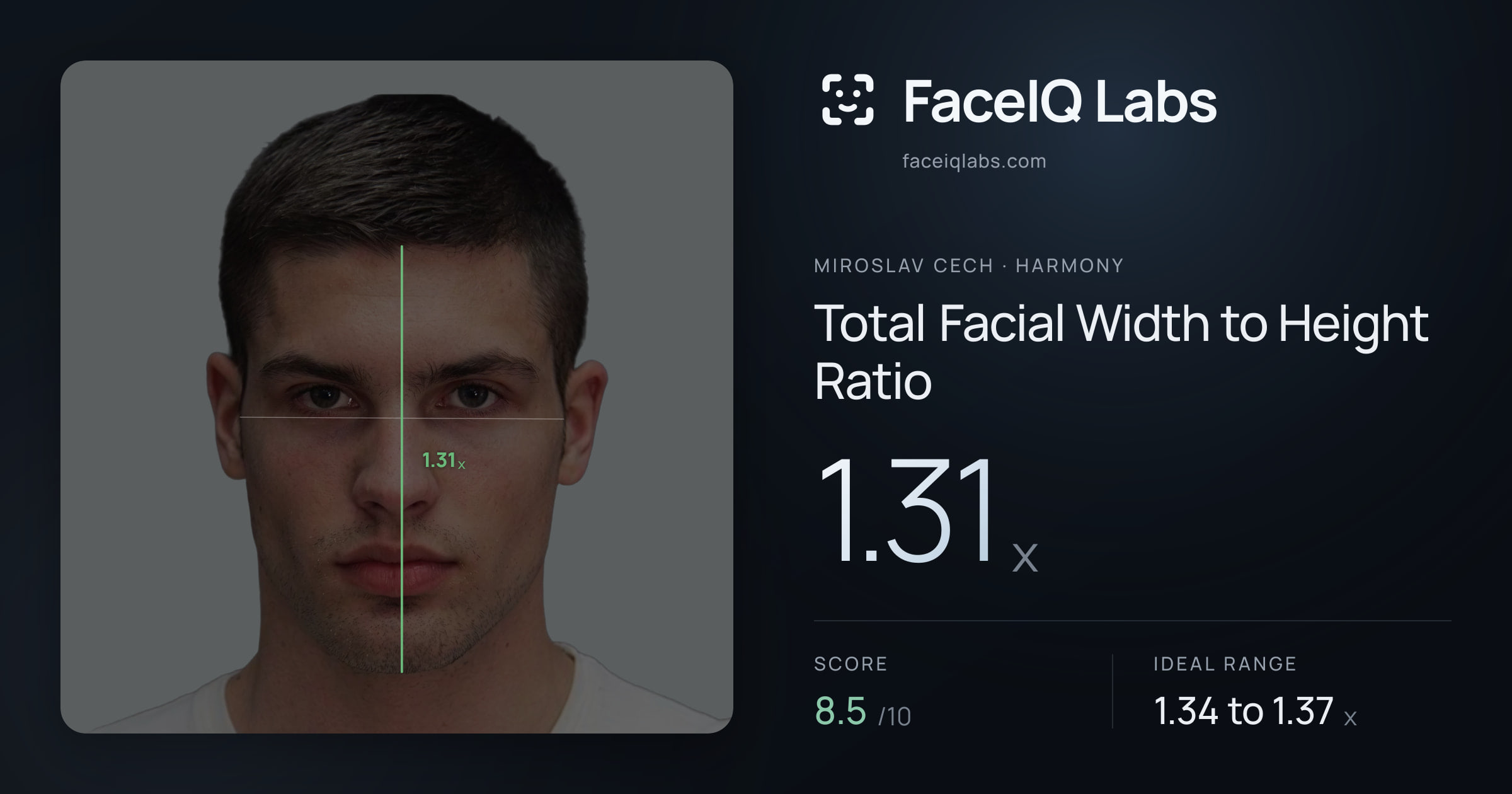 Miroslav Cech Total Facial Width to Height Ratio: 1.31x, drawn on the photo