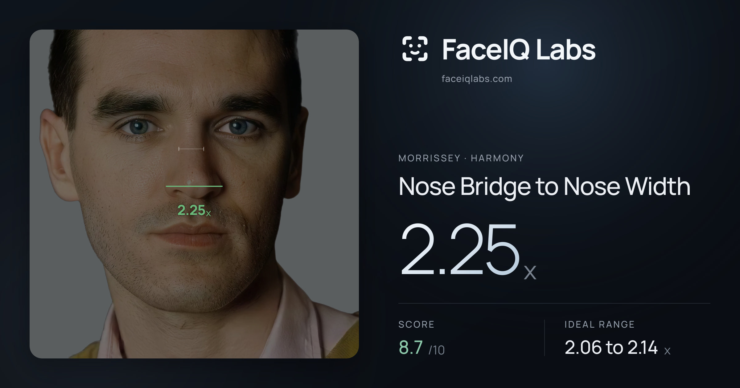 Morrissey Nose Bridge to Nose Width: 2.25x, drawn on the photo