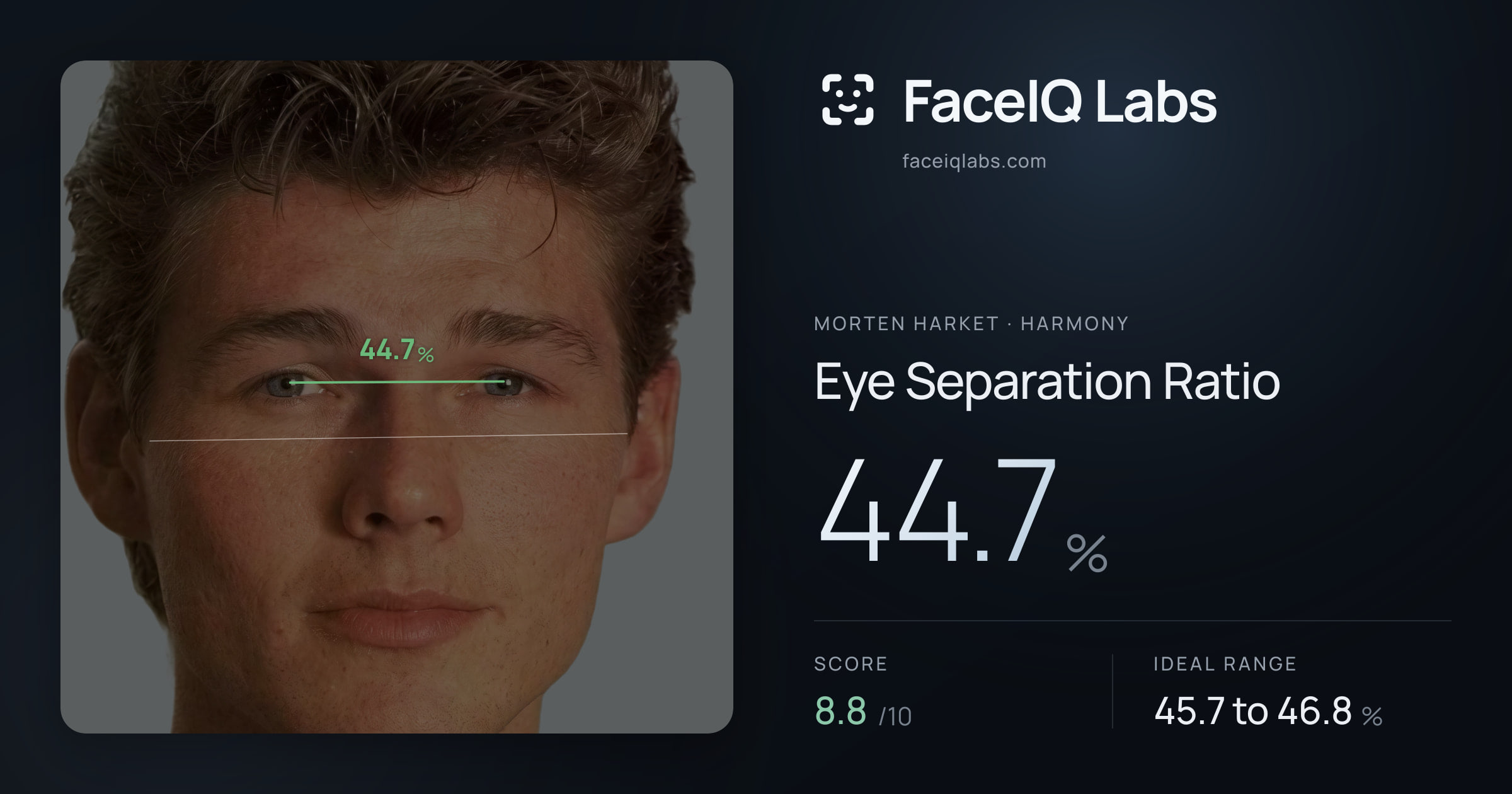 Morten Harket Eye Separation Ratio: 44.7%, drawn on the photo