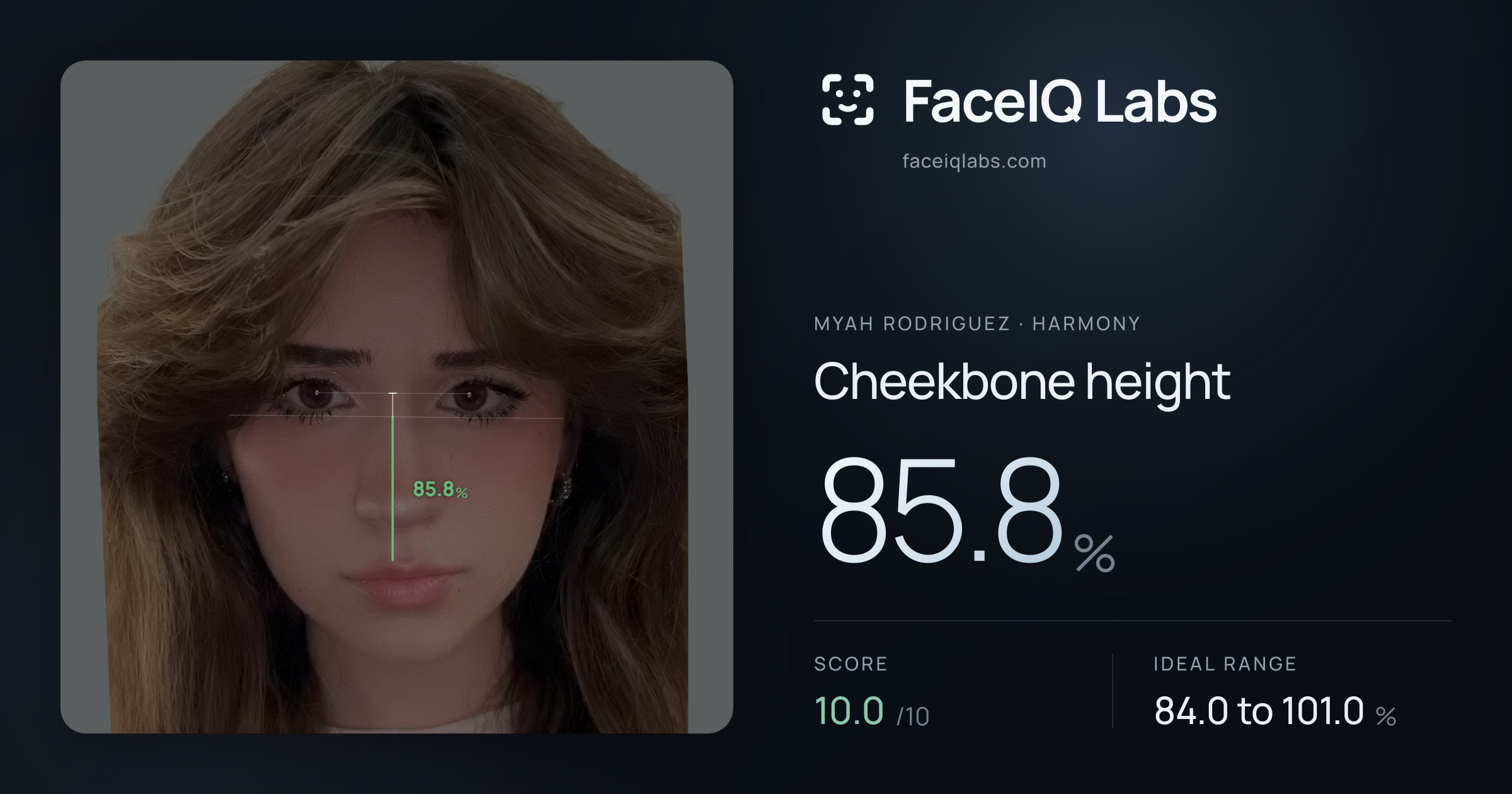 Myah Rodriguez Cheekbone height: 85.8%, drawn on the photo
