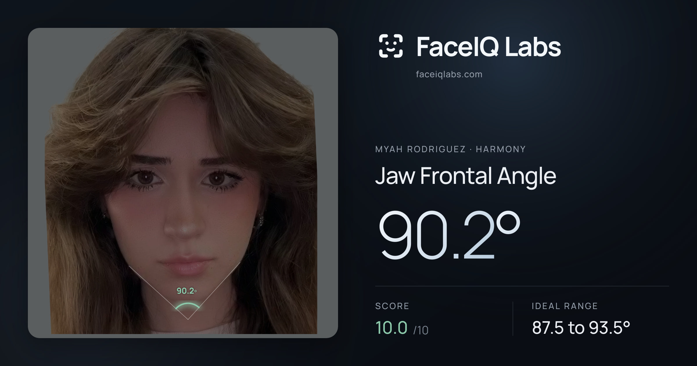 Myah Rodriguez Jaw Frontal Angle: 90.2°, drawn on the photo