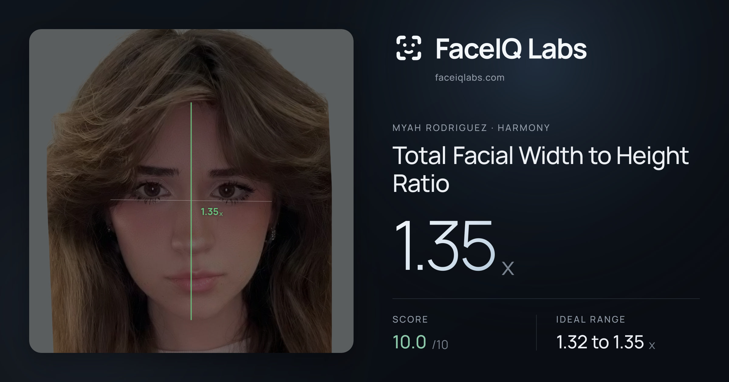 Myah Rodriguez Total Facial Width to Height Ratio: 1.35x, drawn on the photo