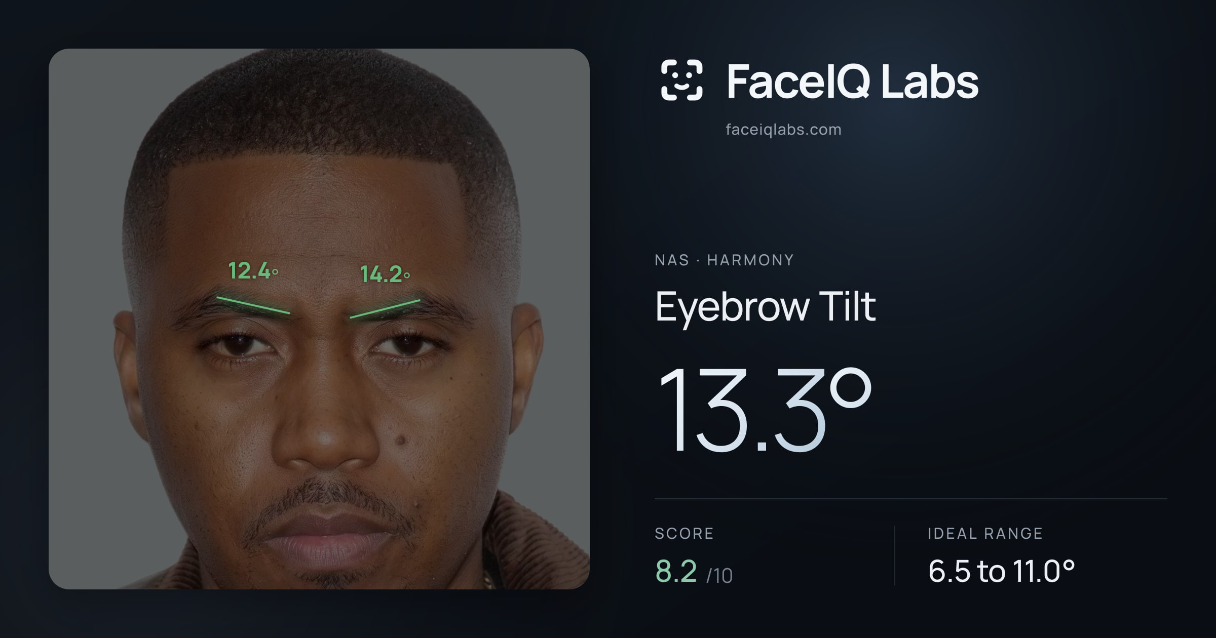 Nas Eyebrow Tilt: 13.3°, drawn on the photo