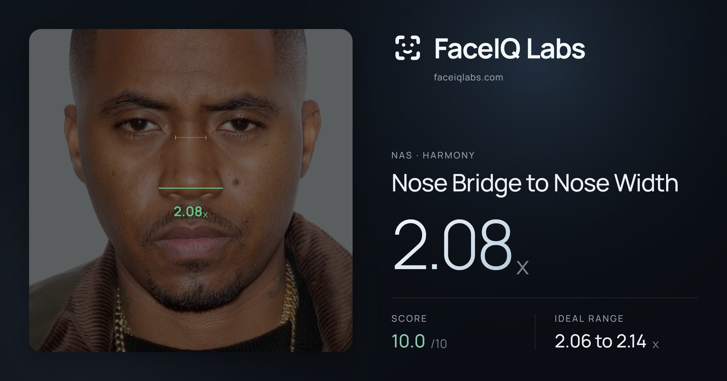 Nas Nose Bridge to Nose Width: 2.08x, drawn on the photo