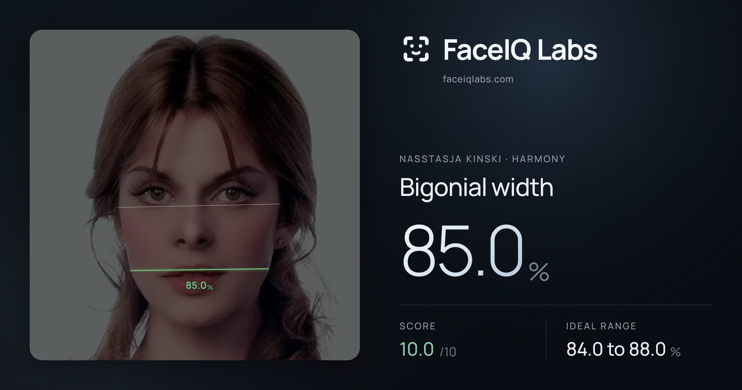 Nasstasja Kinski Bigonial width: 85.0%, drawn on the photo
