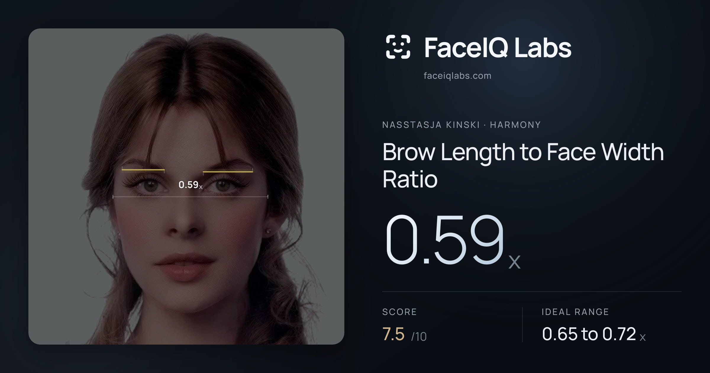 Nasstasja Kinski Brow Length to Face Width Ratio: 0.59x, drawn on the photo