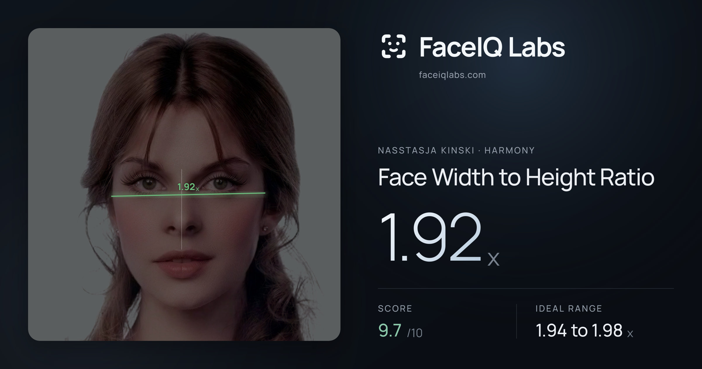 Nasstasja Kinski Face Width to Height Ratio: 1.92x, drawn on the photo