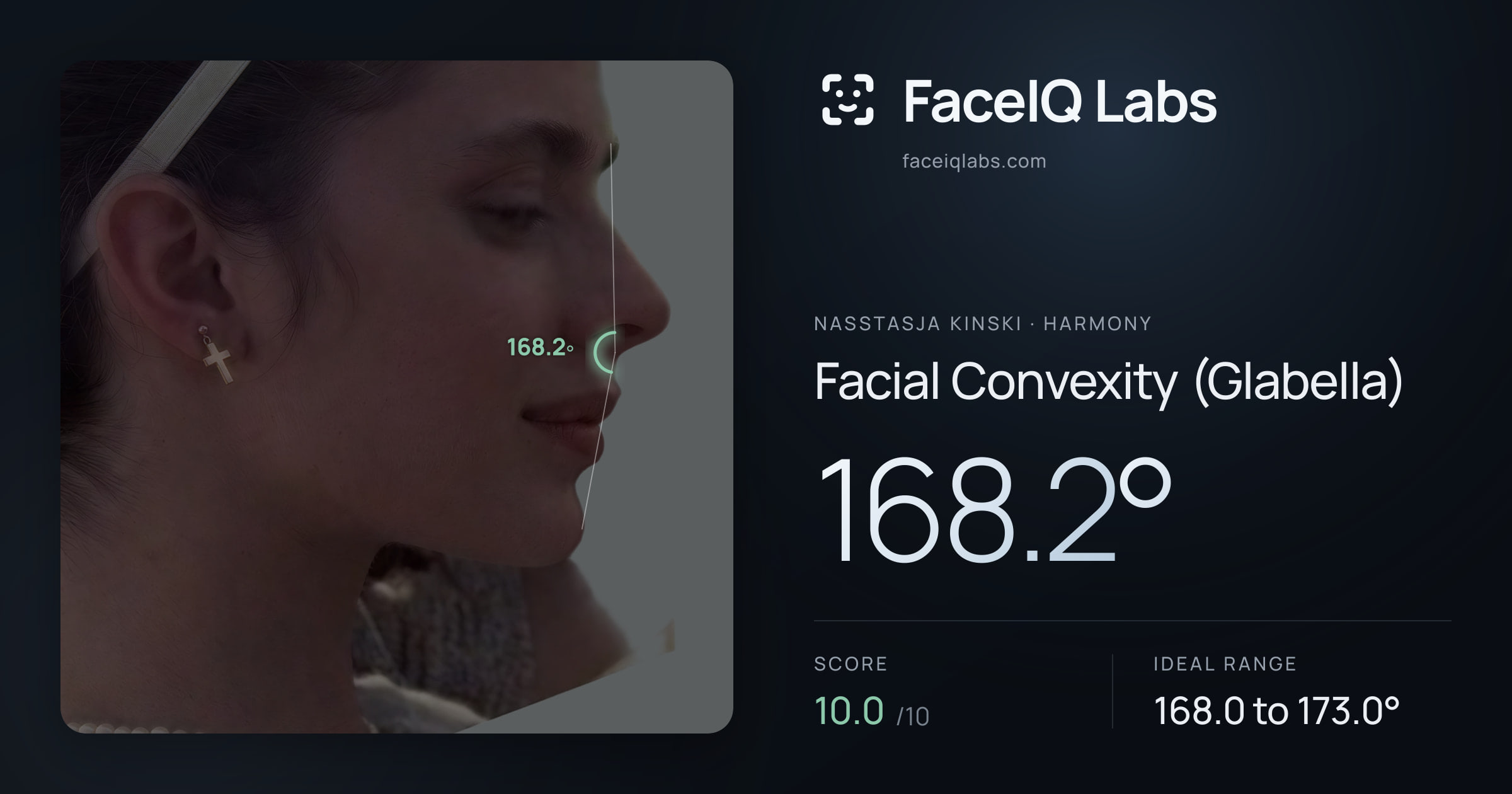 Nasstasja Kinski Facial Convexity (Glabella): 168.2°, drawn on the photo