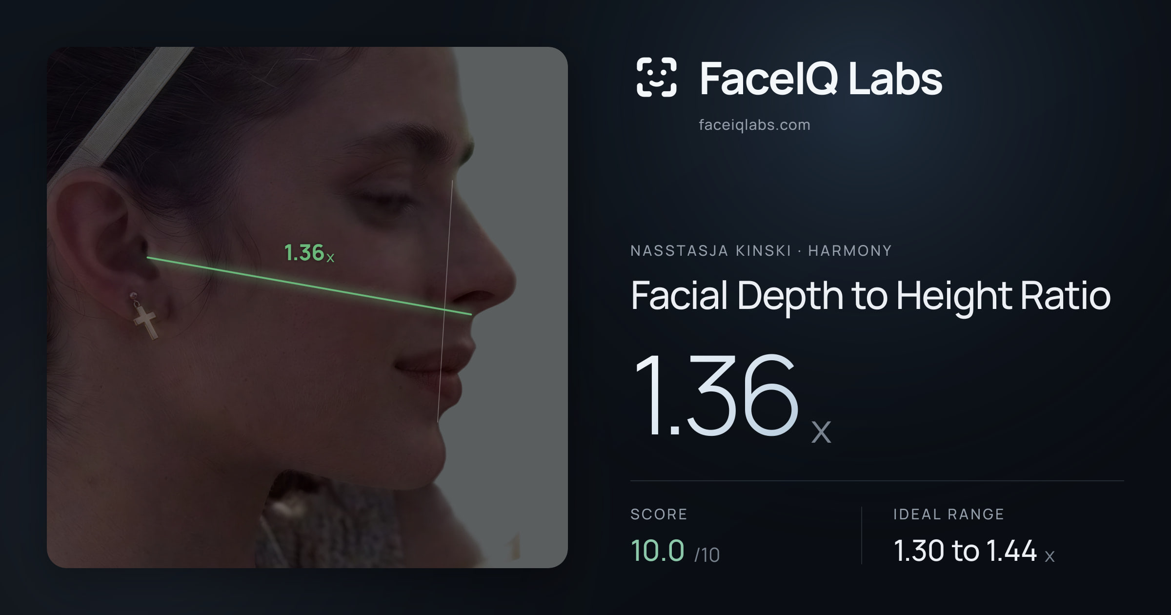 Nasstasja Kinski Facial Depth to Height Ratio: 1.36x, drawn on the photo