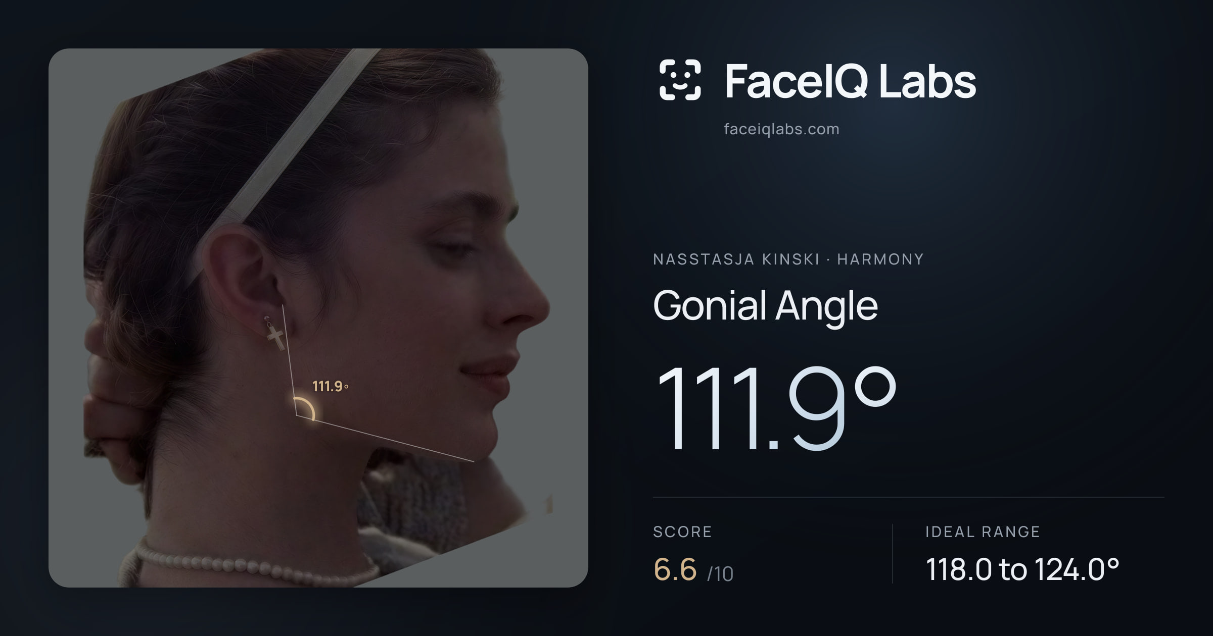 Nasstasja Kinski Gonial Angle: 111.9°, drawn on the photo