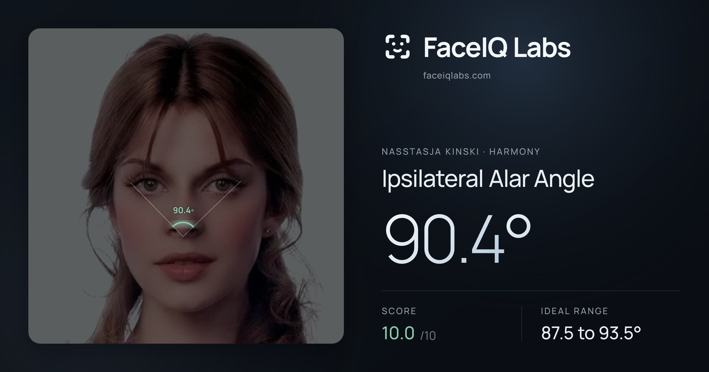Nasstasja Kinski Ipsilateral Alar Angle: 90.4°, drawn on the photo