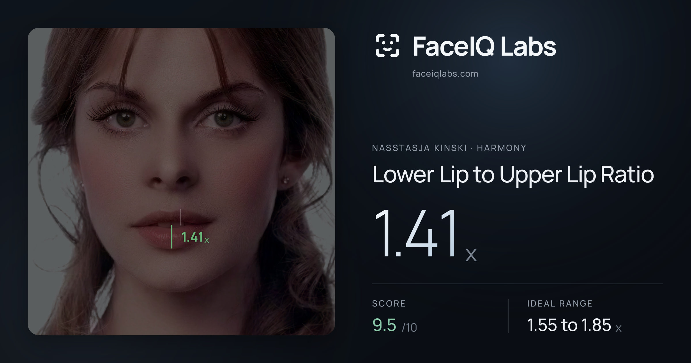 Nasstasja Kinski Lower Lip to Upper Lip Ratio: 1.41x, drawn on the photo