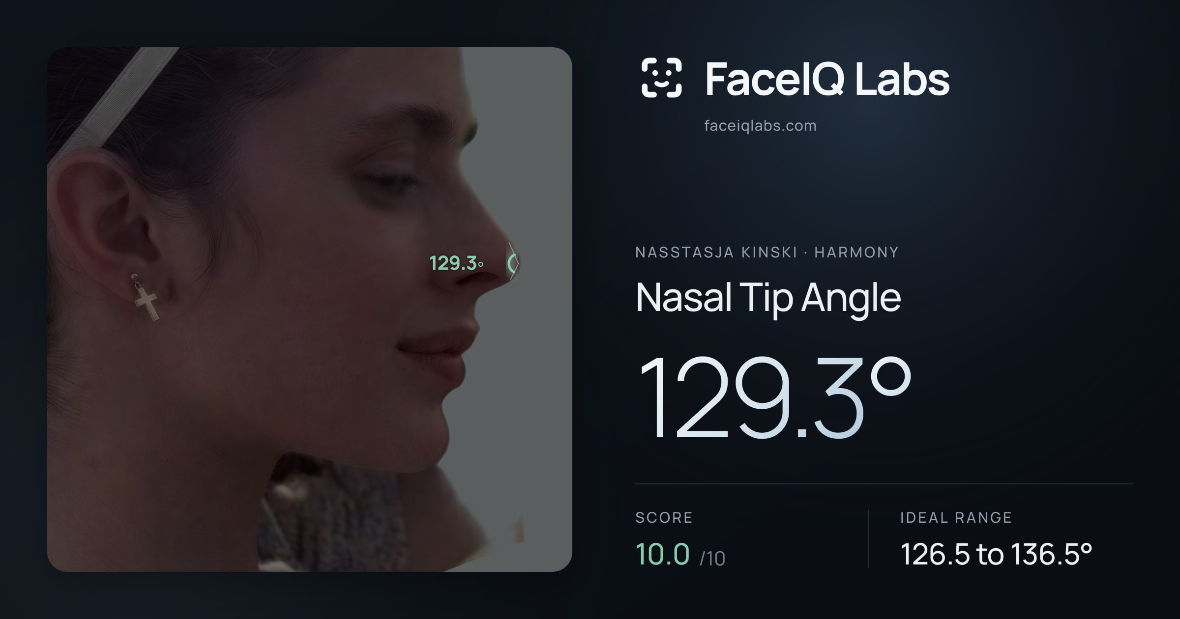 Nasstasja Kinski Nasal Tip Angle: 129.3°, drawn on the photo