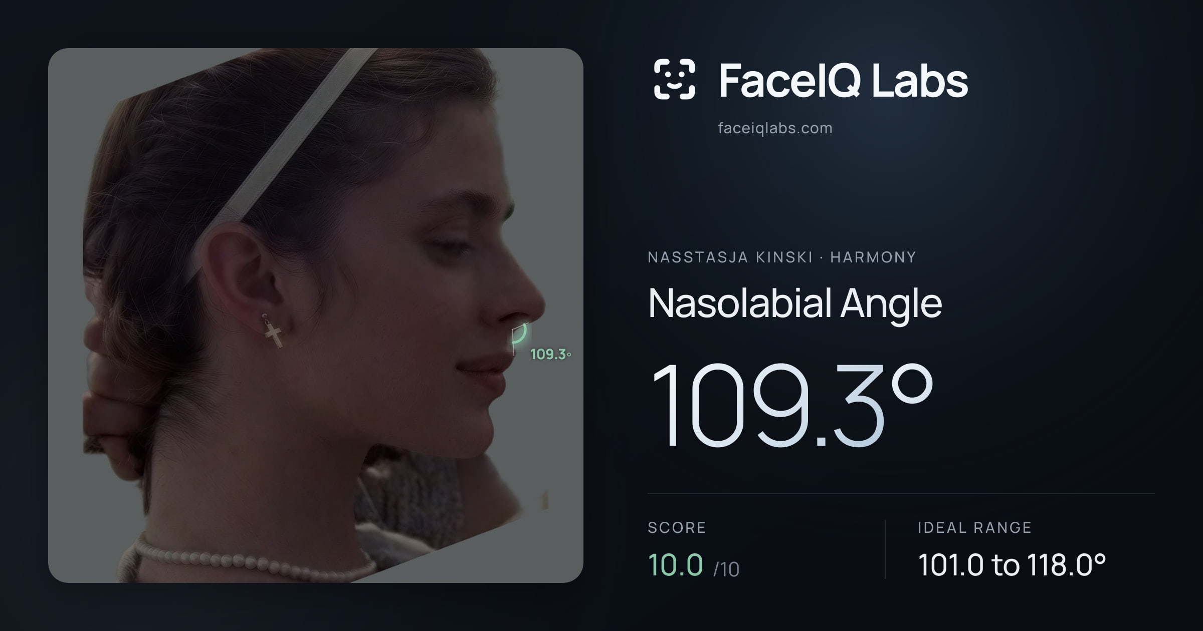 Nasstasja Kinski Nasolabial Angle: 109.3°, drawn on the photo