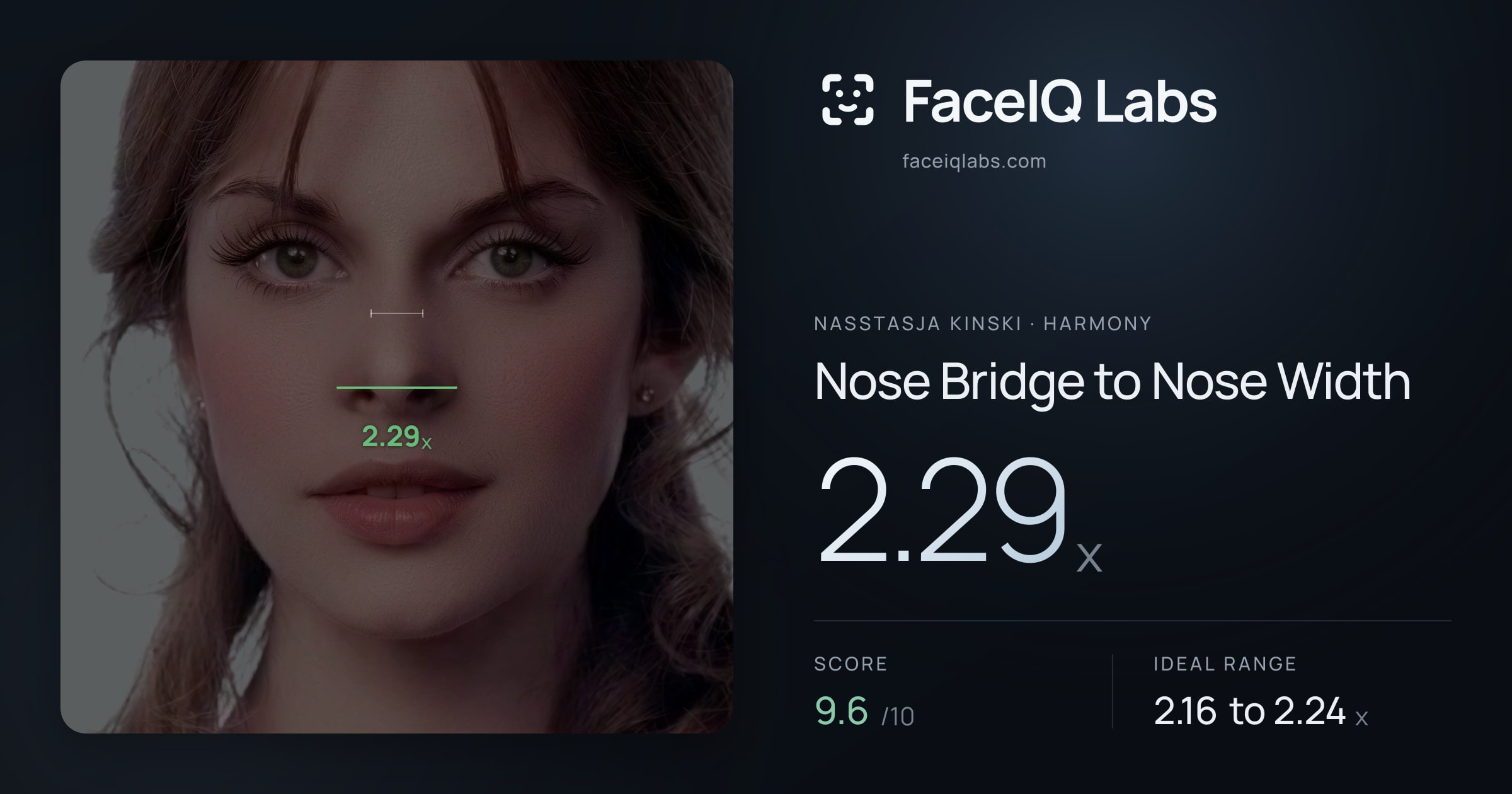 Nasstasja Kinski Nose Bridge to Nose Width: 2.29x, drawn on the photo