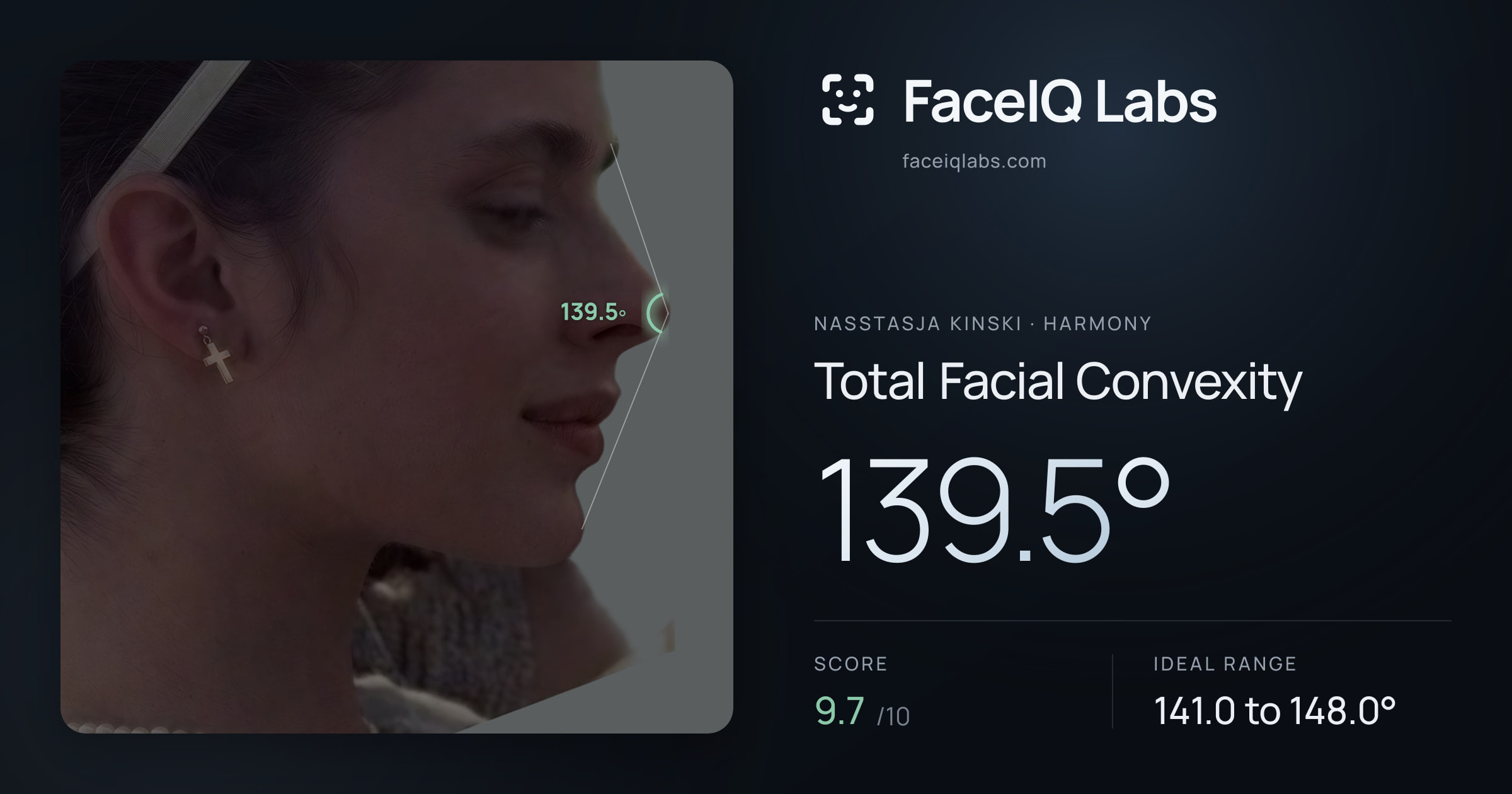 Nasstasja Kinski Total Facial Convexity: 139.5°, drawn on the photo